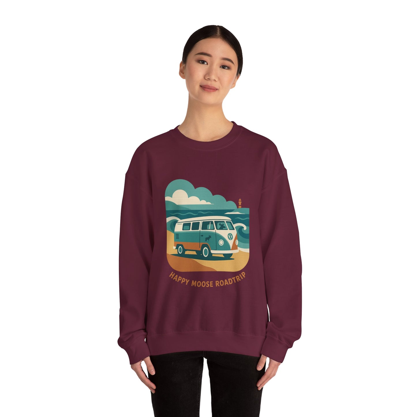 Road Trip Crewneck Sweatshirt — "Happy Moose Roadtrip" Vintage Van Graphic