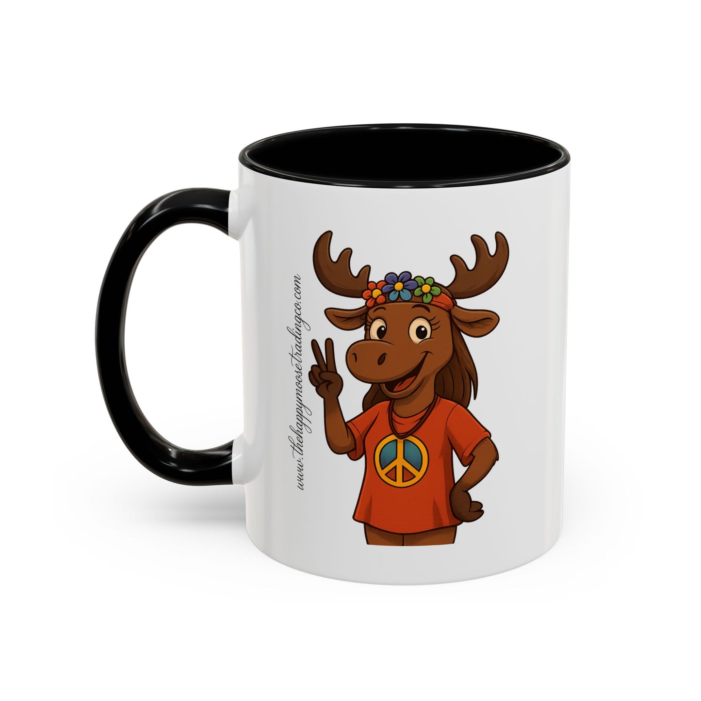 Peace Sign Moose Accent Coffee Mug — Hippie Moose with Flower Crown (11/15oz)