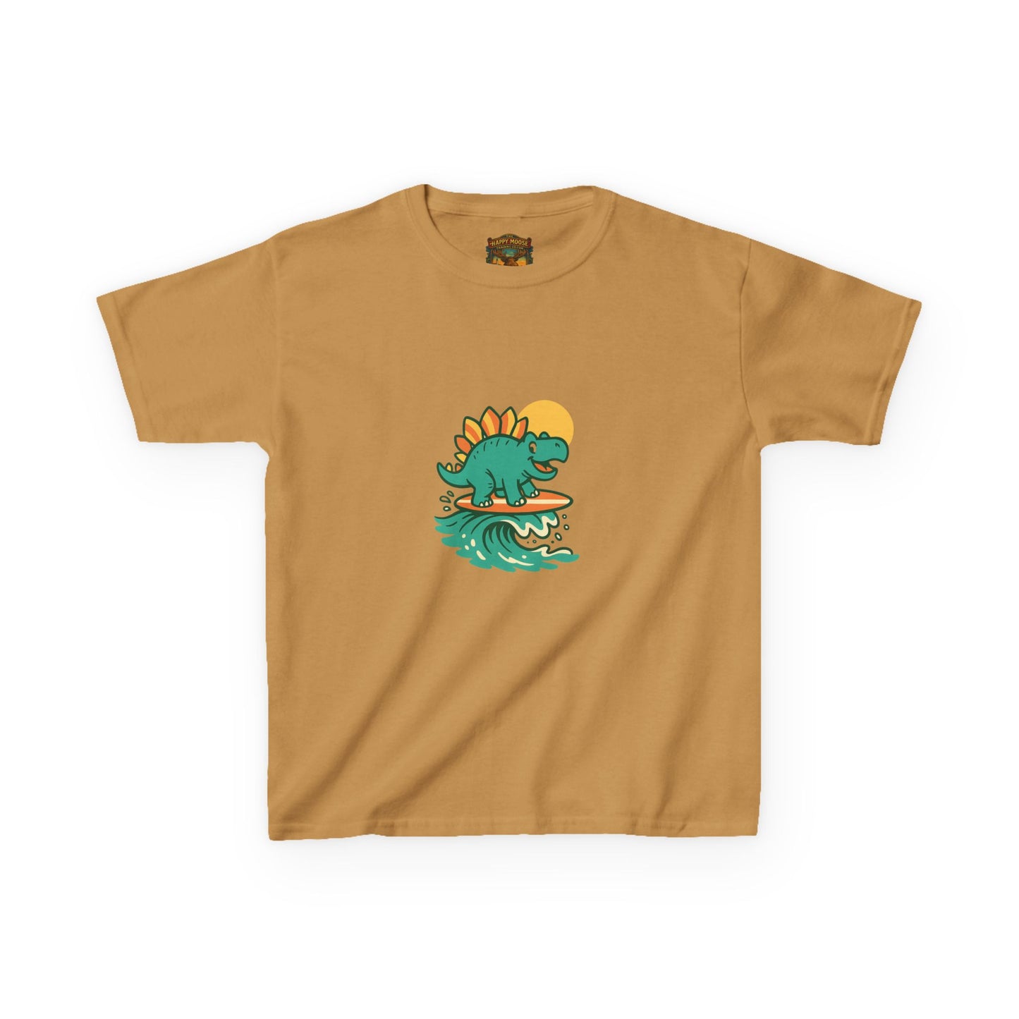Kids Surfing Dinosaur T-Shirt — Cute Stegosaurus on Wave Graphic Tee