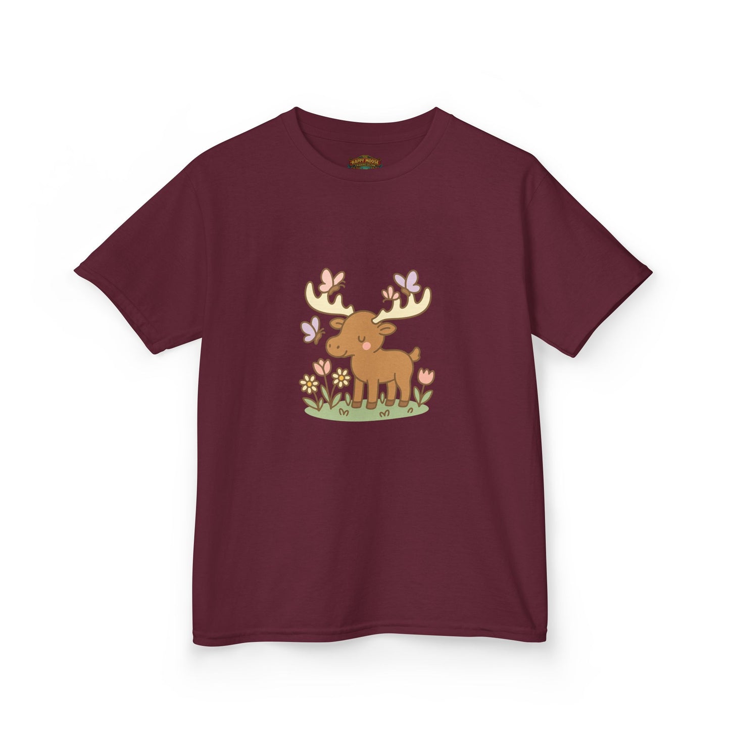 Kids T-Shirt — Cute Woodland Moose with Butterflies Kids Tee