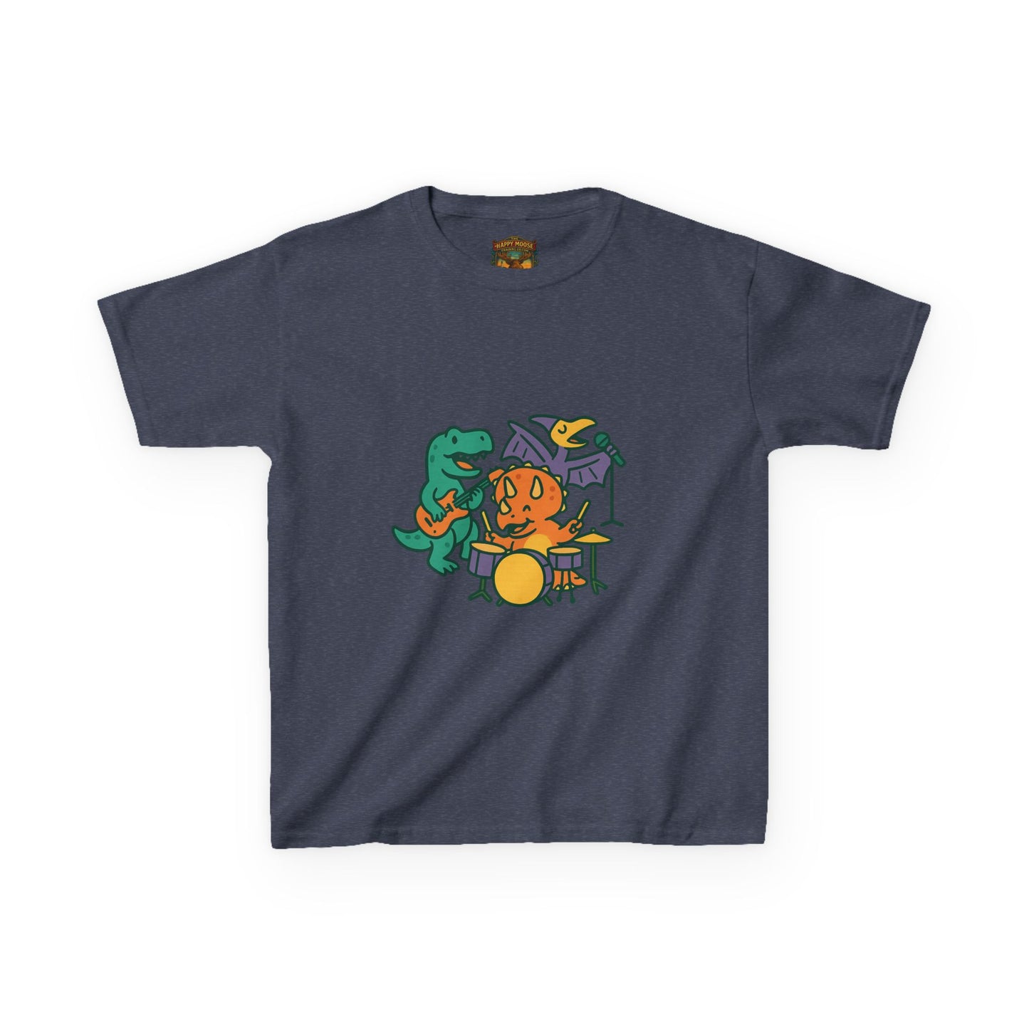 Kids Dino Band T‑Shirt — Cute Cartoon Dinosaur Drummer Tee for Boys & Girls