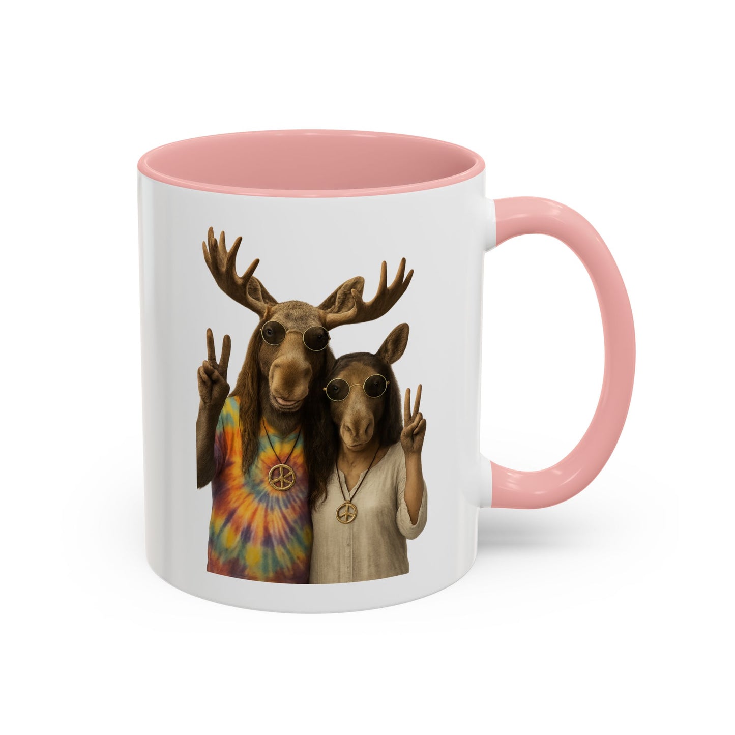 Peaceful Moose Couple Accent Coffee Mug — Hippie Tie-Dye Moose Peace Sign 11/15oz
