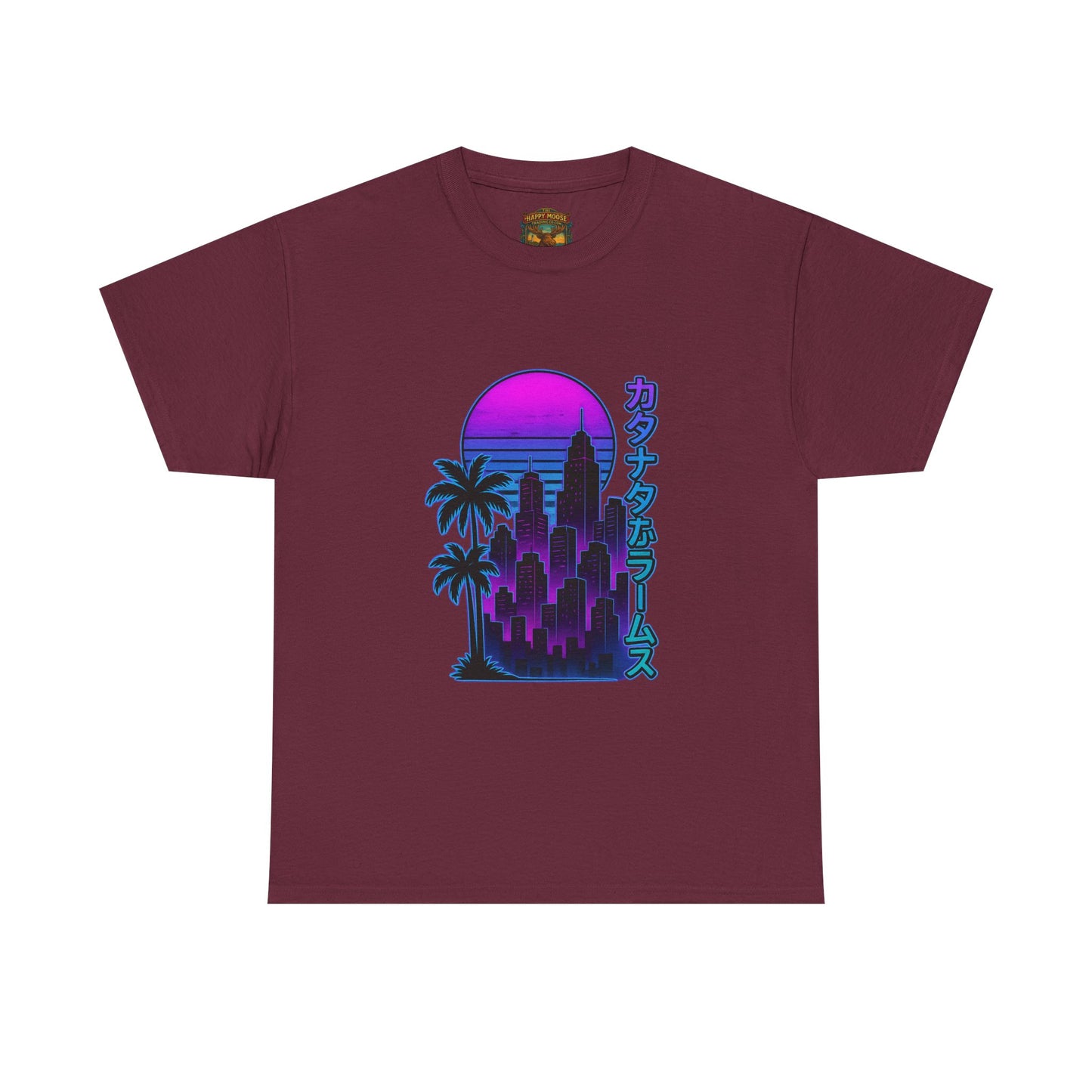 Retro Vaporwave Tee — Neon Sunset City with Palm Trees & Japanese Text