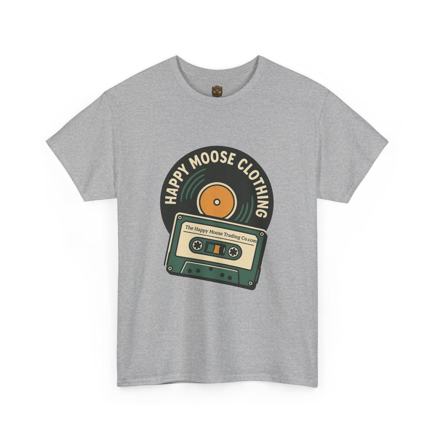 Cassette & Vinyl Retro Tee — “Happy Moose Clothing” Vintage Music Graphic T-Shirt
