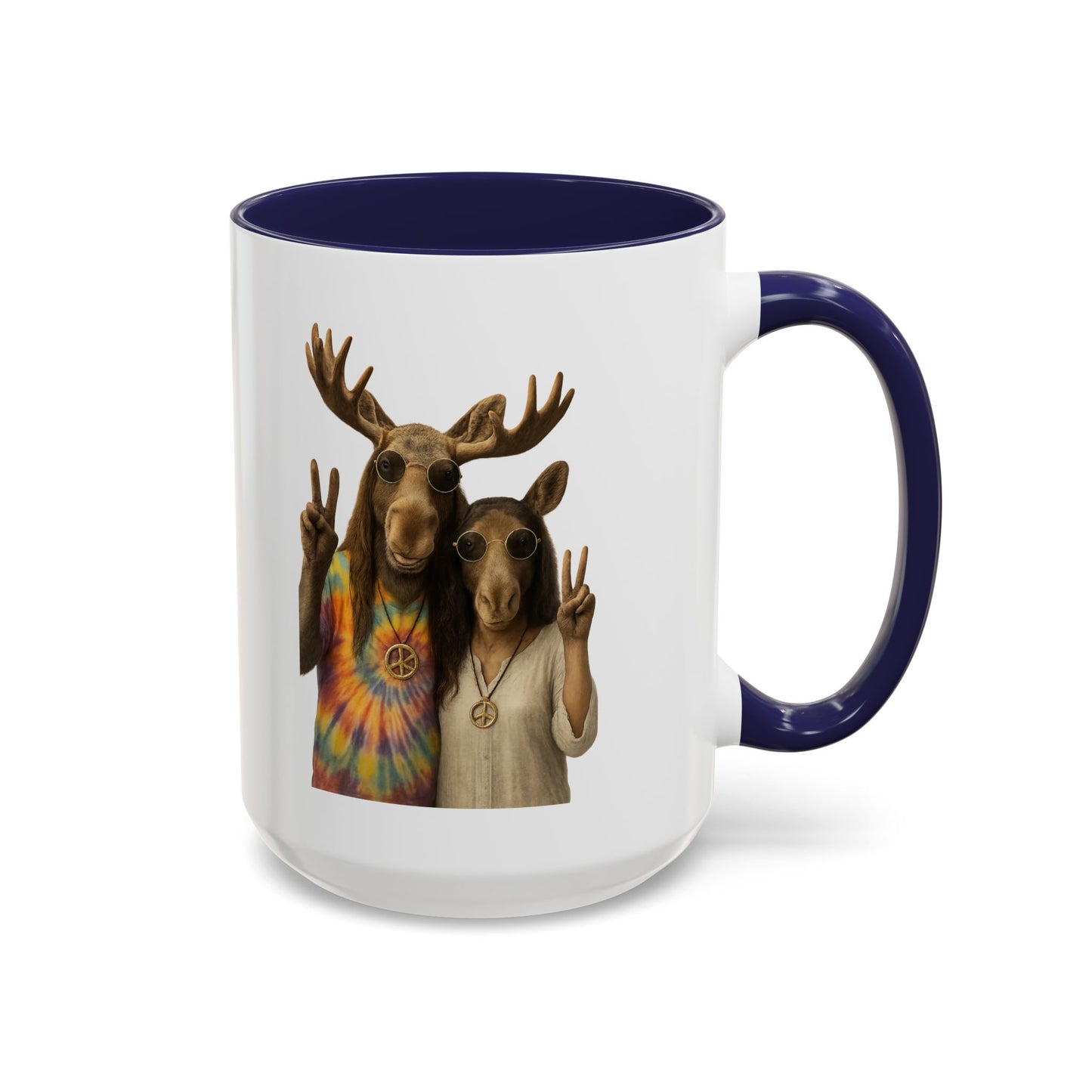Peaceful Moose Couple Accent Coffee Mug — Hippie Tie-Dye Moose Peace Sign 11/15oz