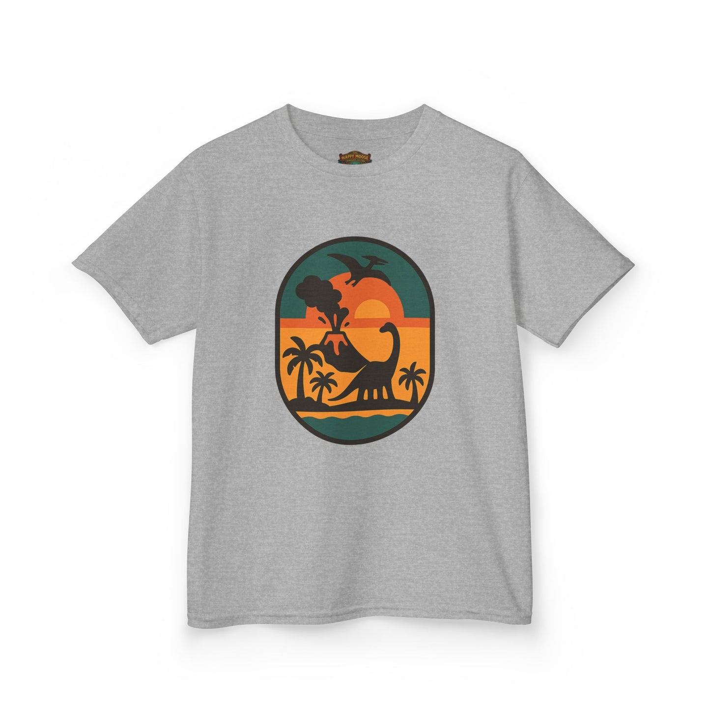 Kids T‑Shirt — Retro Tropical Dinosaur Sunset