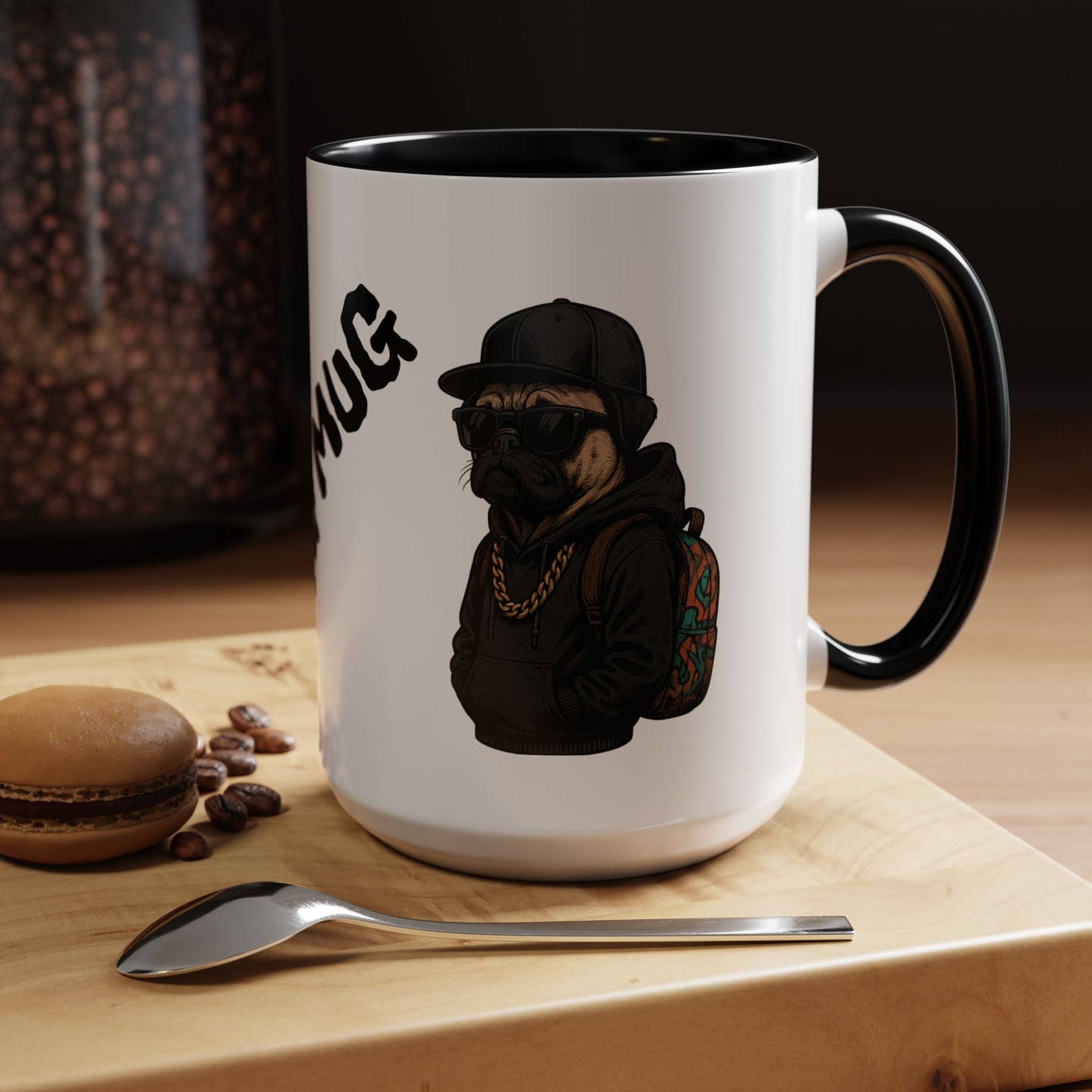 Pug Mug — Red Accent Coffee Mug with Hipster Pug Illustration (11/15oz)