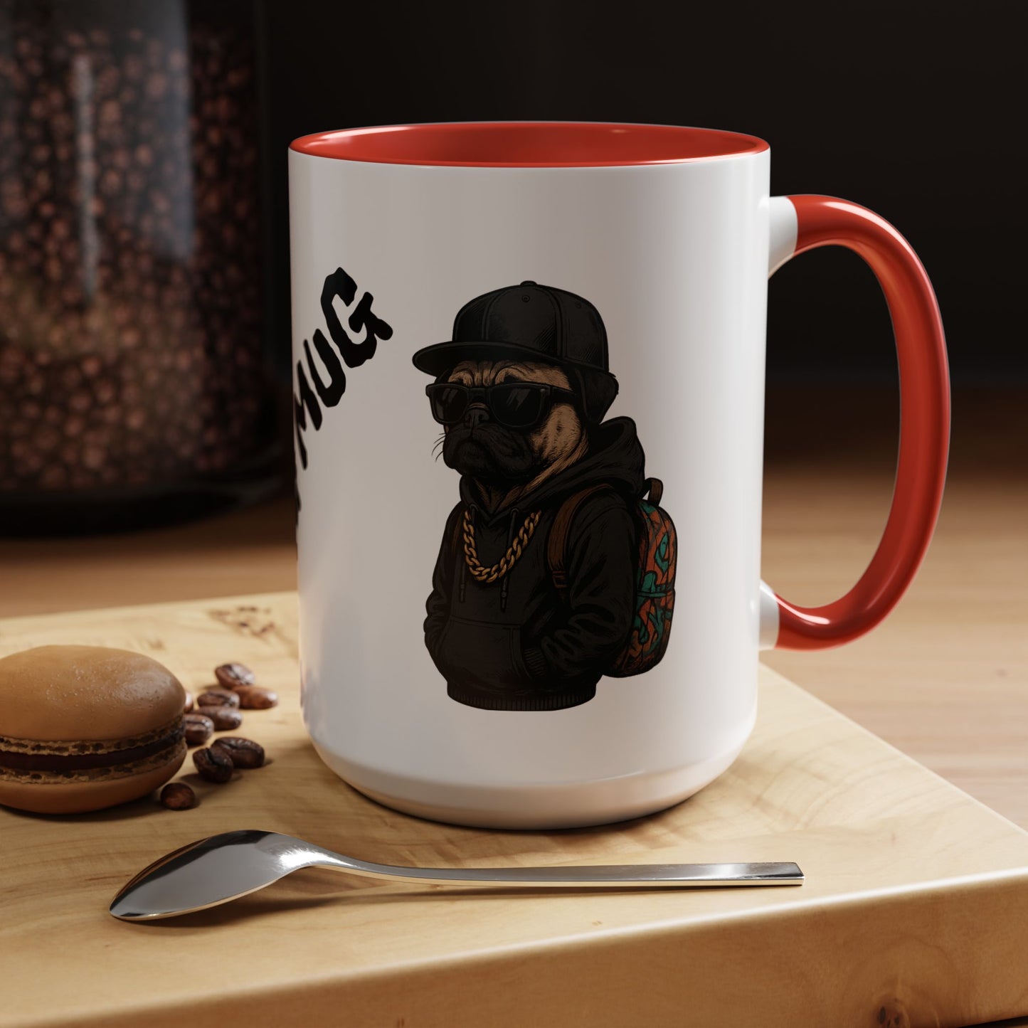Pug Mug — Red Accent Coffee Mug with Hipster Pug Illustration (11/15oz)