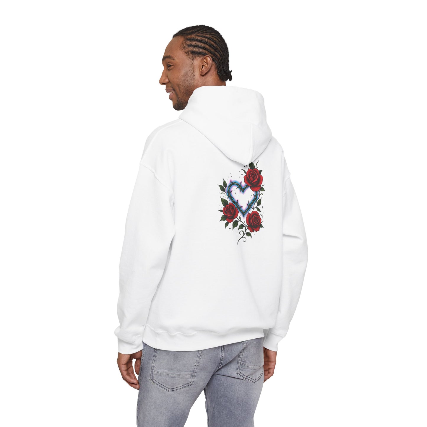 Hoodie — Smoky Heart with Red Roses Back Graphic