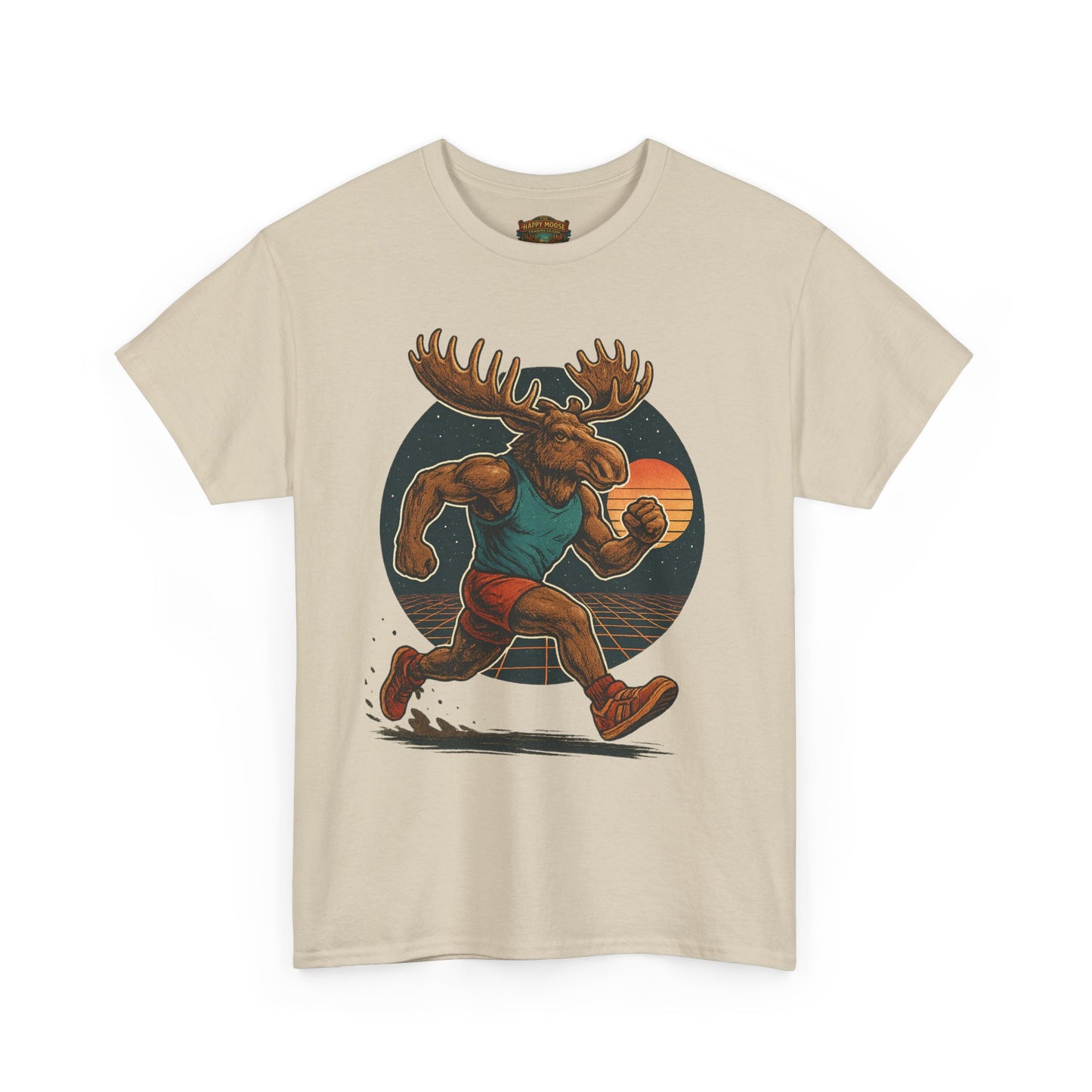 Running Moose Graphic Tee - Retro Sunset Jogging Animal Fitness Shirt