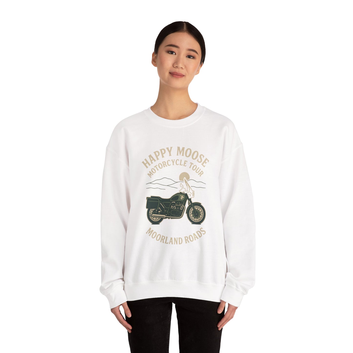 Motorcycle Crewneck Sweatshirt — "Happy Moose Motorcycle Tour" Vintage Bike Graphic