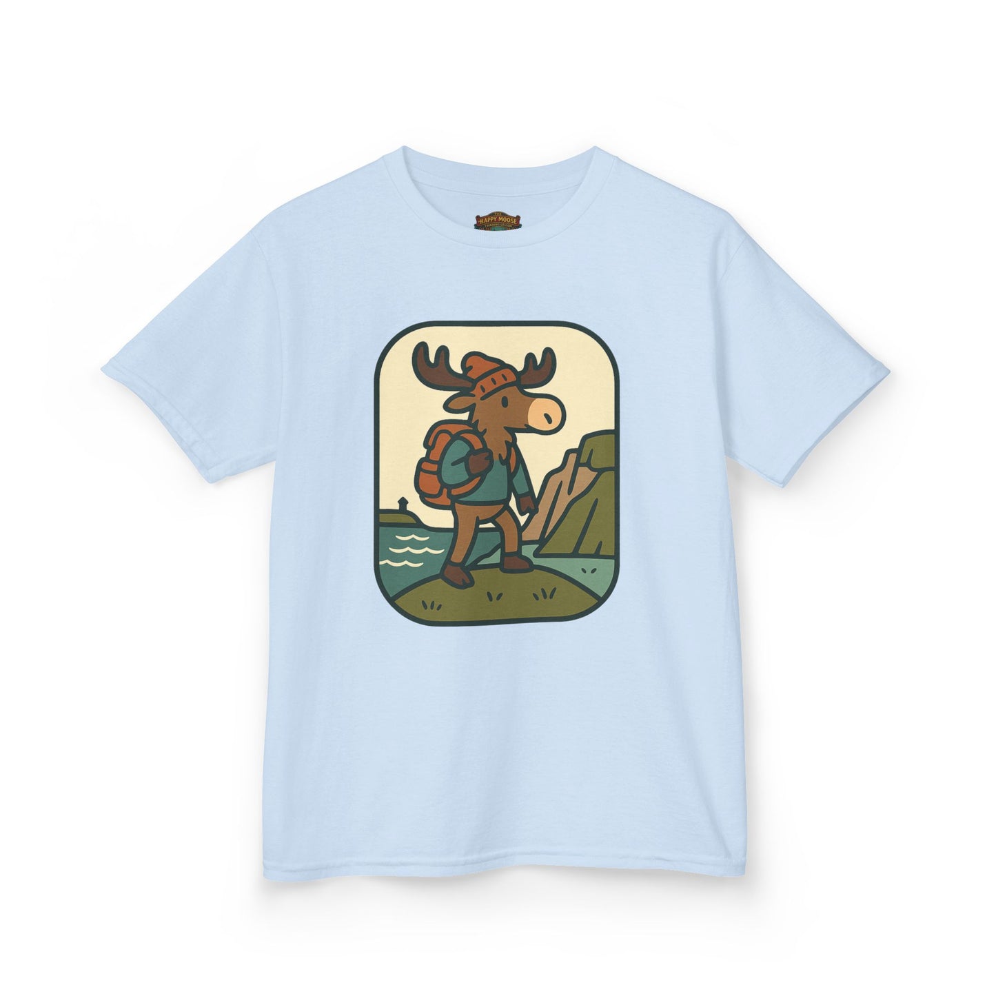 Kids Hiking Moose T‑Shirt — Cute Adventure Backpacker Tee for Boys & Girls
