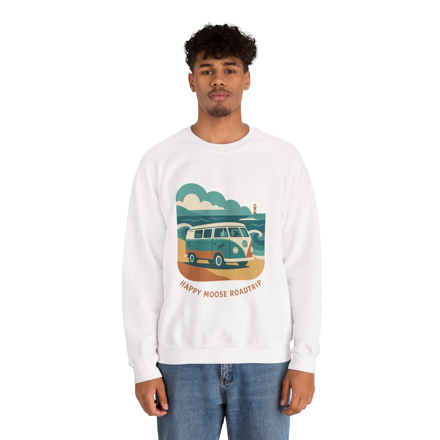 Road Trip Crewneck Sweatshirt — "Happy Moose Roadtrip" Vintage Van Graphic