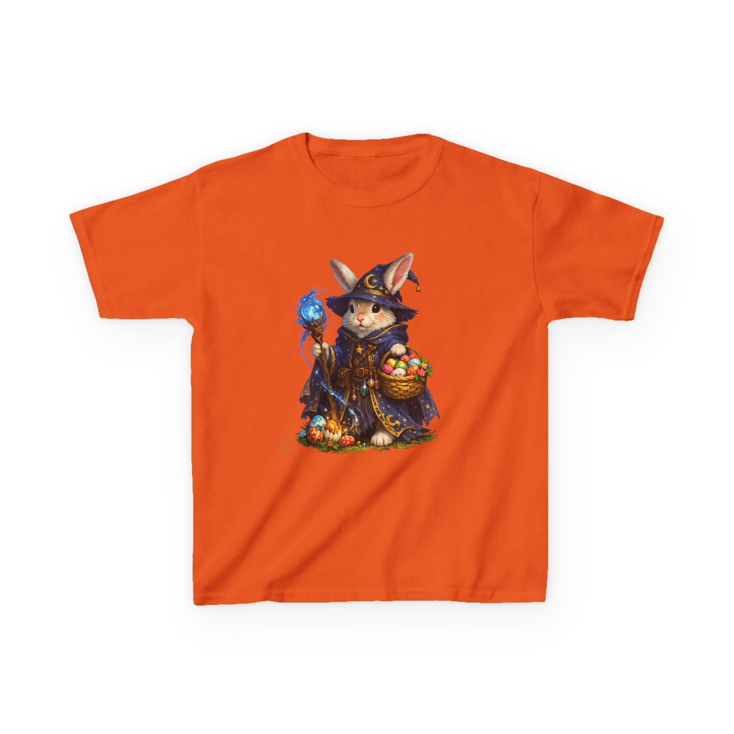 Kids Wizard Bunny T-Shirt — Cute Magic Rabbit with Staff & Basket of Treats