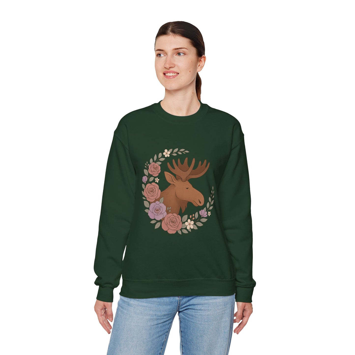 Moose Floral Crewneck Sweatshirt — Rustic Woodland Animal Sweatshirt