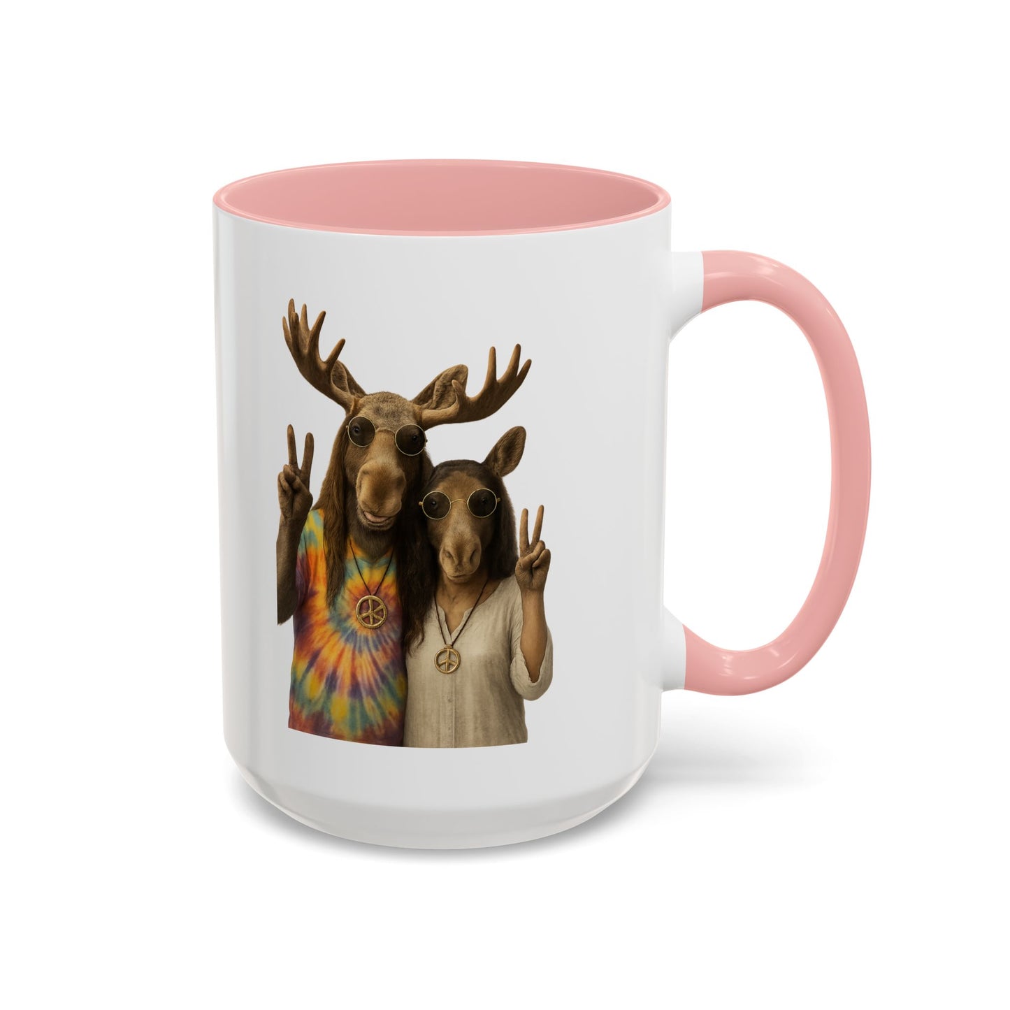 Peaceful Moose Couple Accent Coffee Mug — Hippie Tie-Dye Moose Peace Sign 11/15oz