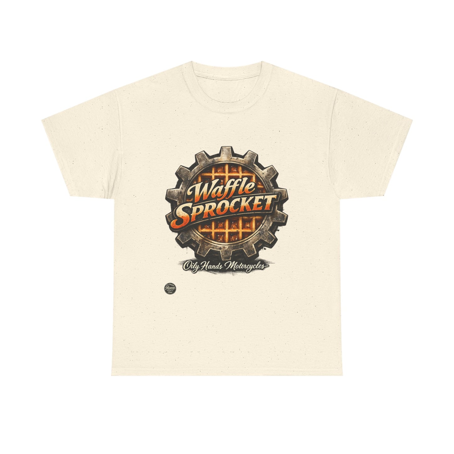Oily Hands Waffle Sprocket Vintage Logo T-Shirt — Retro Mechanical Breakfast Tee #004 E