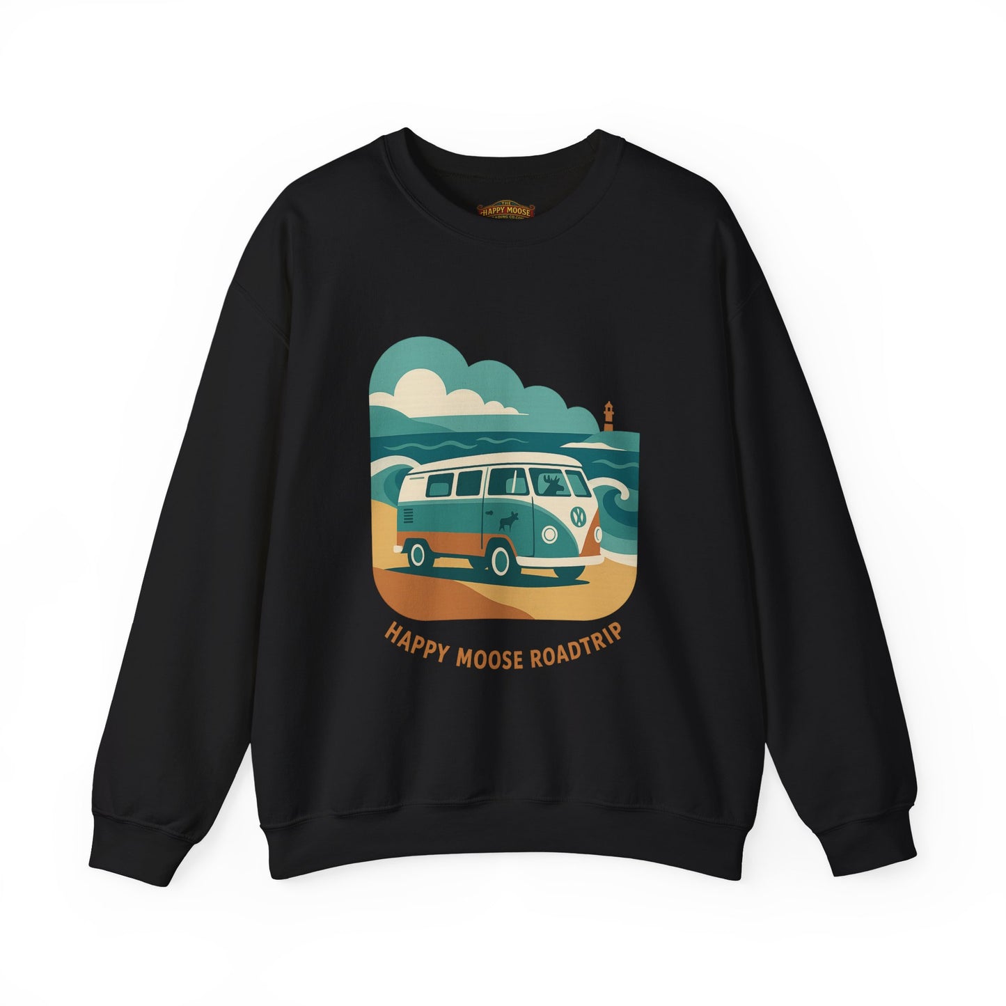 Road Trip Crewneck Sweatshirt — "Happy Moose Roadtrip" Vintage Van Graphic