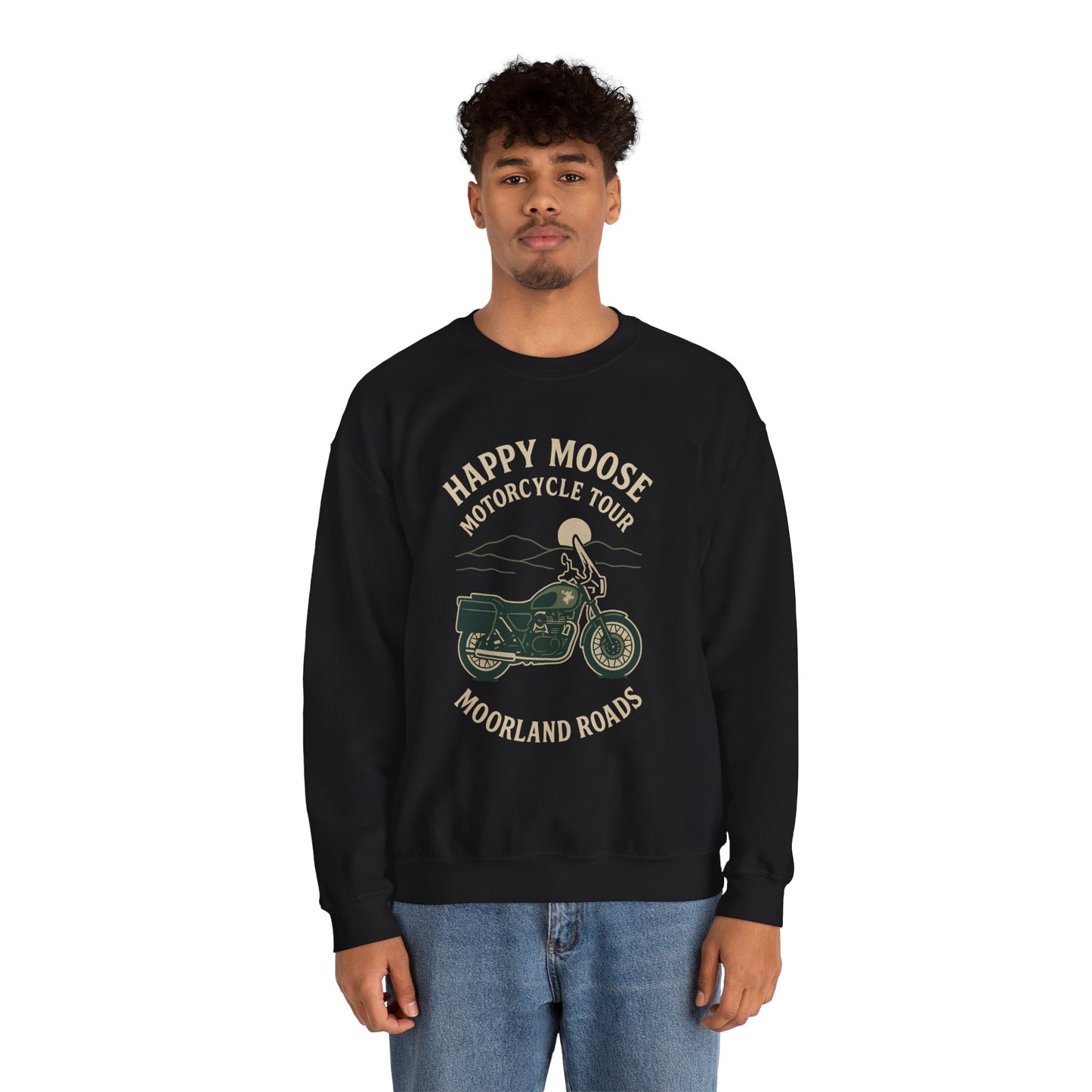 Motorcycle Crewneck Sweatshirt — "Happy Moose Motorcycle Tour" Vintage Bike Graphic