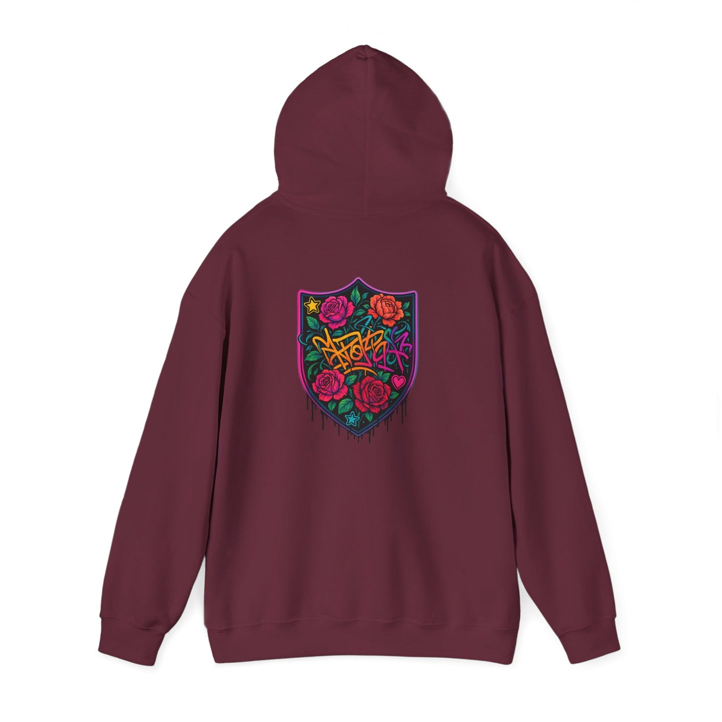 Graffiti Rose Shield Hoodie – Urban Floral Streetwear Sweatshirt