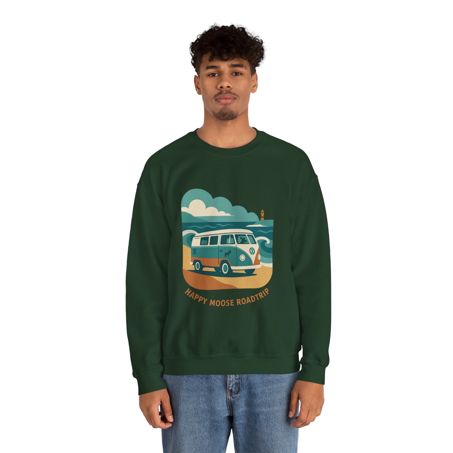 Road Trip Crewneck Sweatshirt — "Happy Moose Roadtrip" Vintage Van Graphic