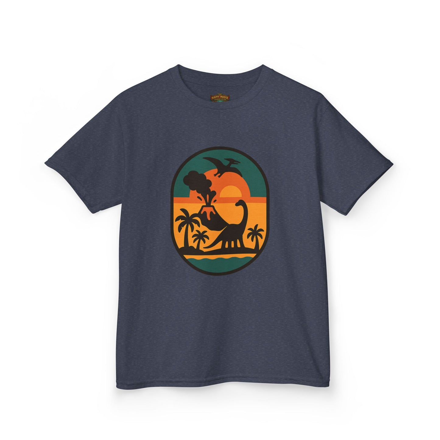 Kids T‑Shirt — Retro Tropical Dinosaur Sunset