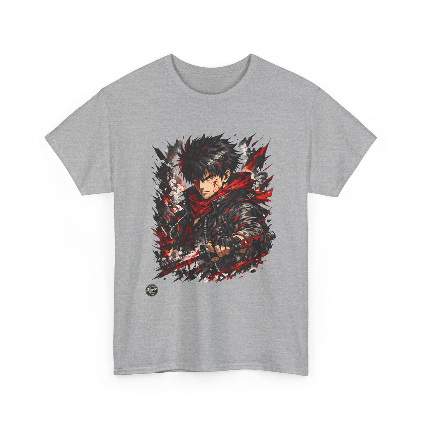 Anime Warrior Graphic Tee — Red Scarf Battle Art T-Shirt #E001