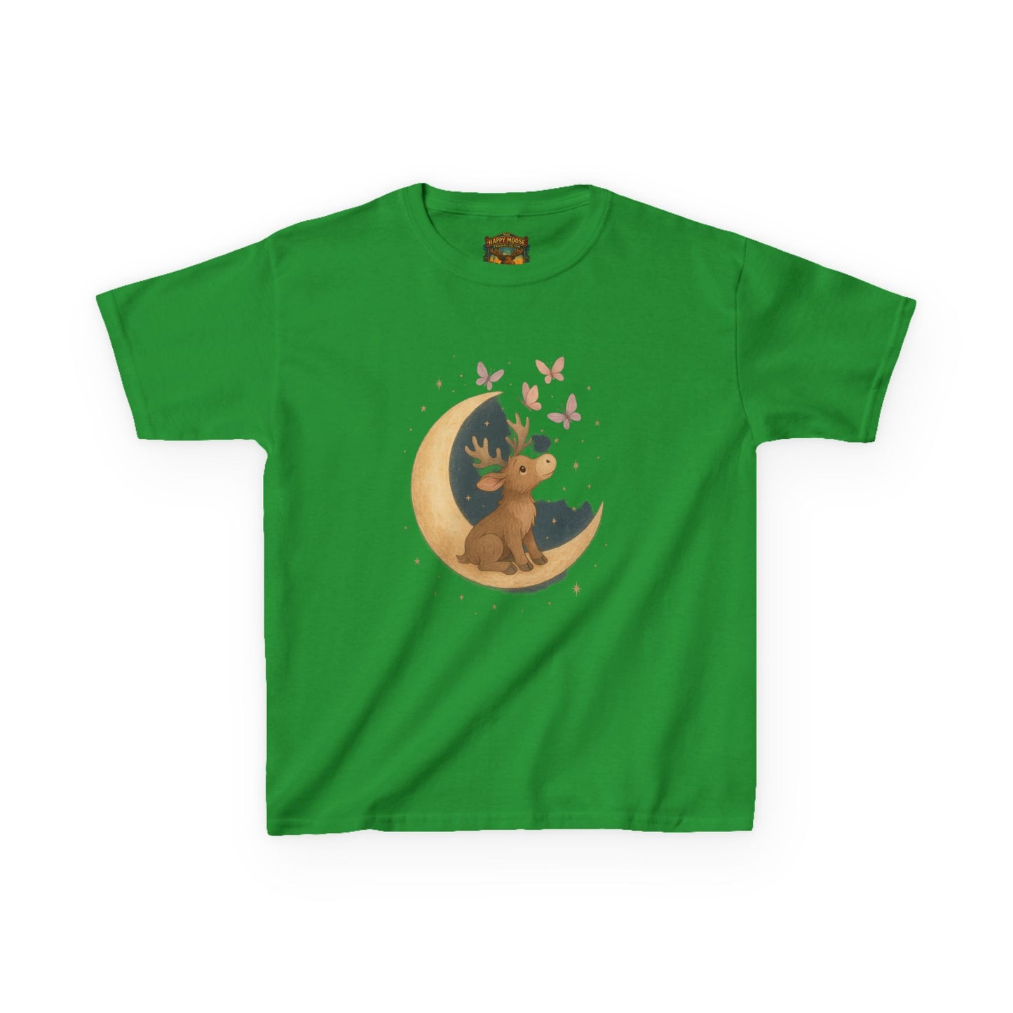 Kids Tee — Cute Puppy on Moon with Butterflies Graphic