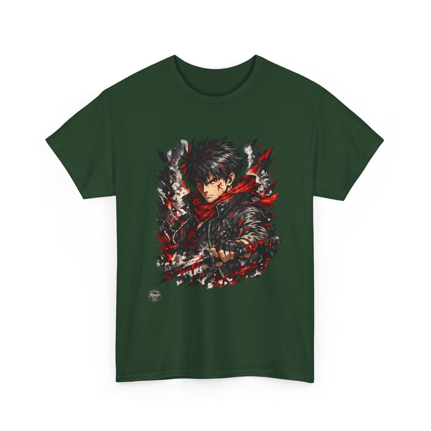 Anime Warrior Graphic Tee — Red Scarf Battle Art T-Shirt #E001