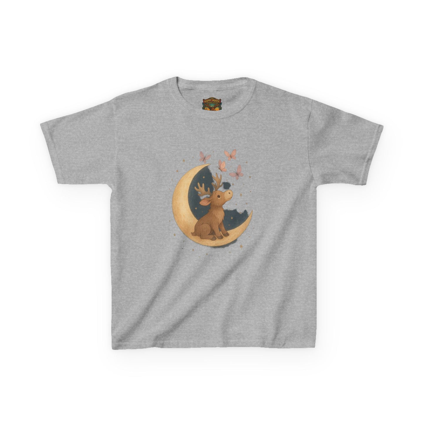 Kids Tee — Cute Puppy on Moon with Butterflies Graphic