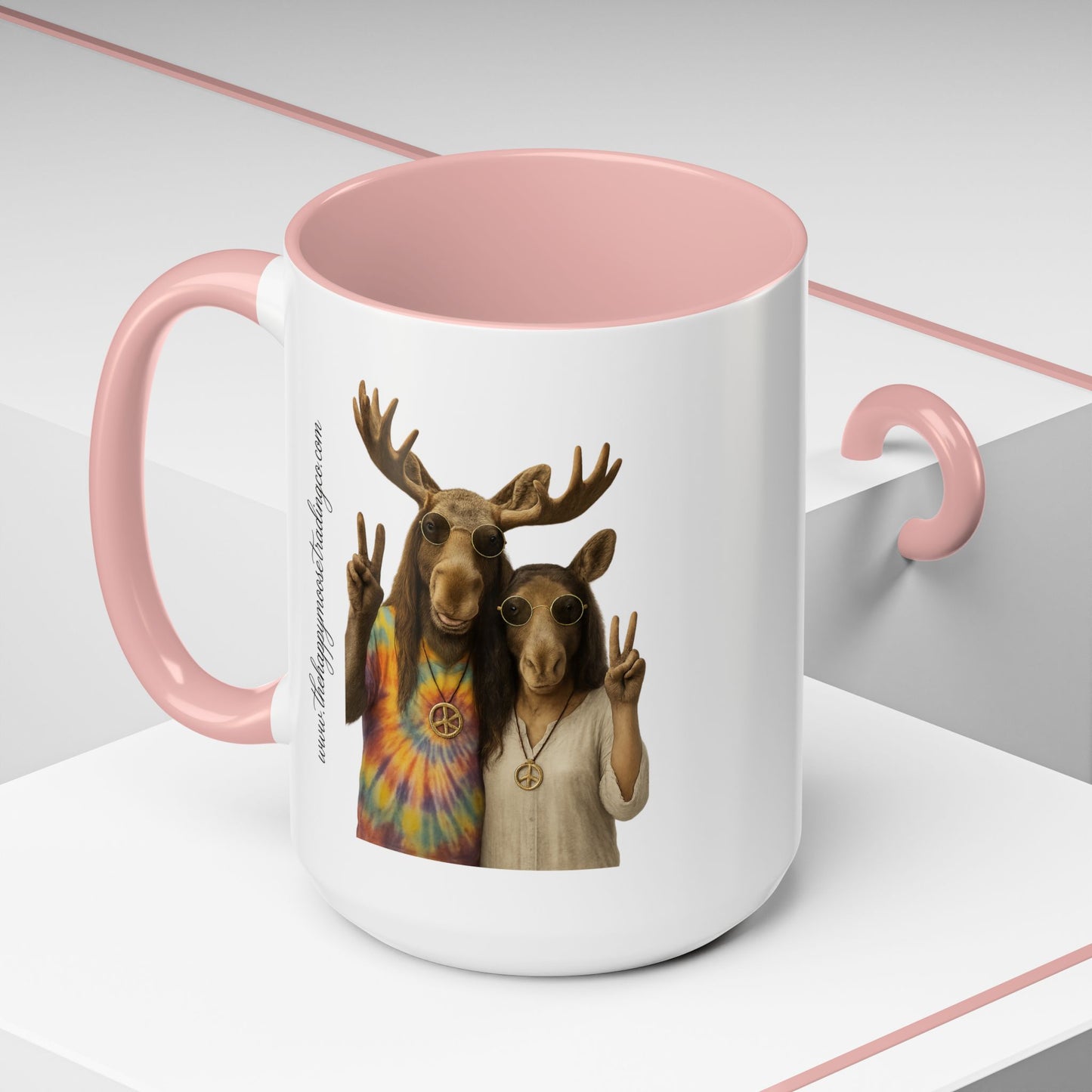 Peaceful Moose Couple Accent Coffee Mug — Hippie Tie-Dye Moose Peace Sign 11/15oz