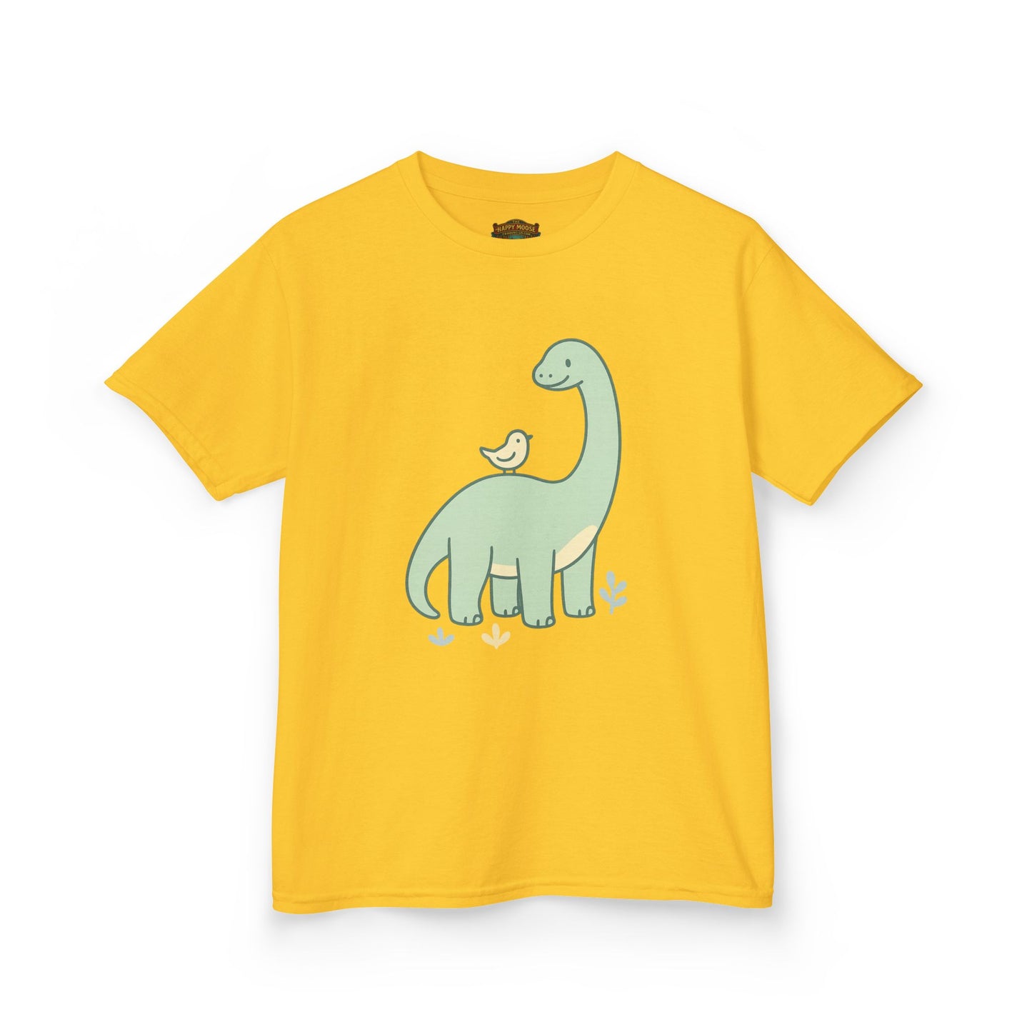 Kids Dino & Bird Tee — Cute Green Brontosaurus Graphic T‑Shirt