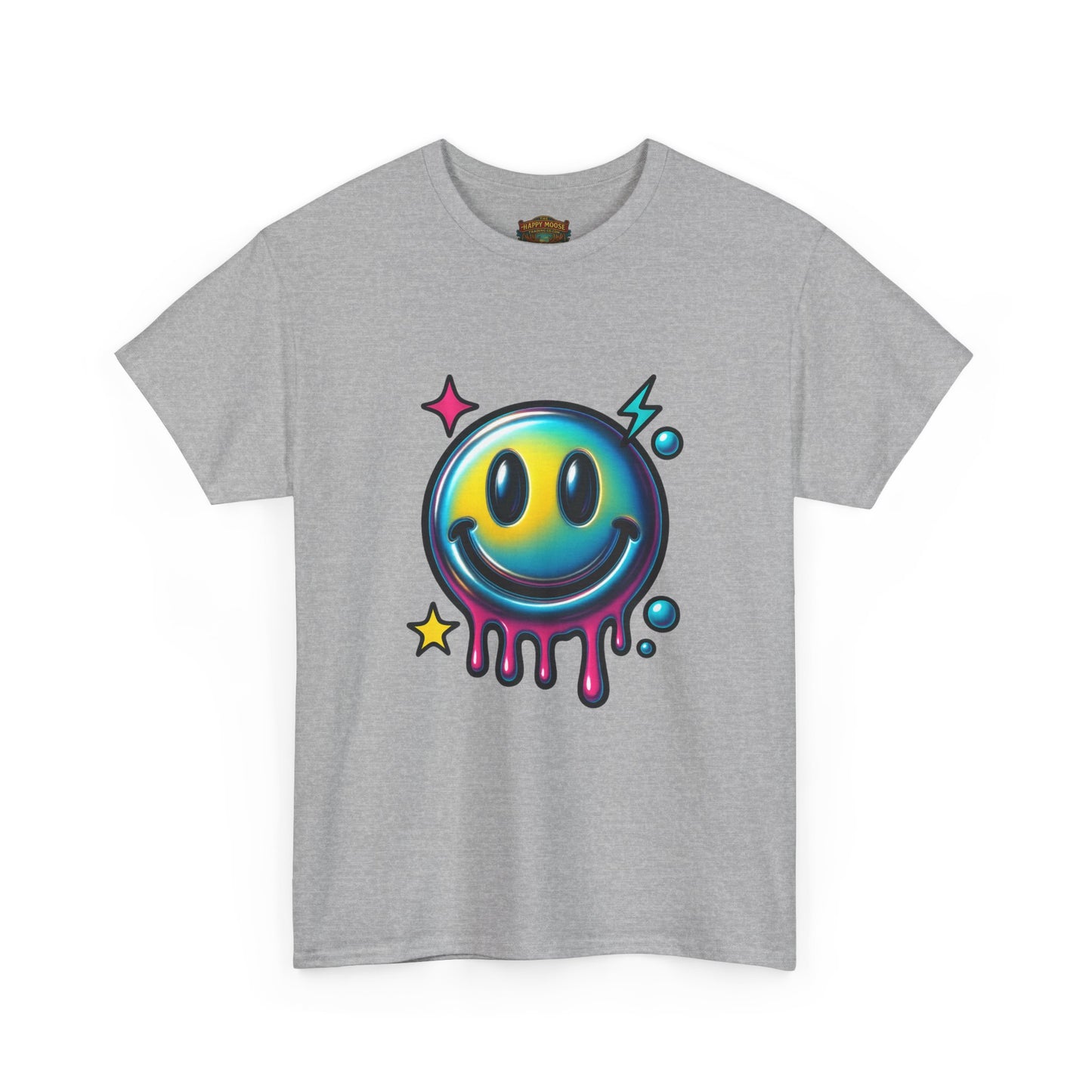 Smiley Drip Graphic Tee — Neon Melting Smiley Face T-Shirt