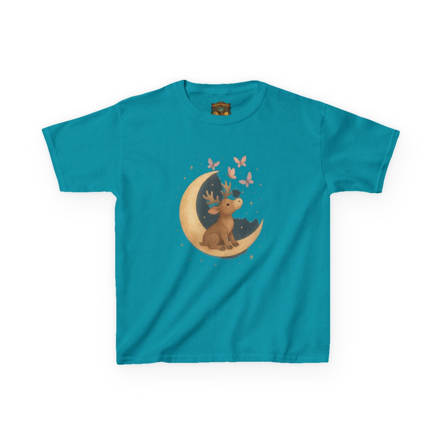 Kids Tee — Cute Puppy on Moon with Butterflies Graphic