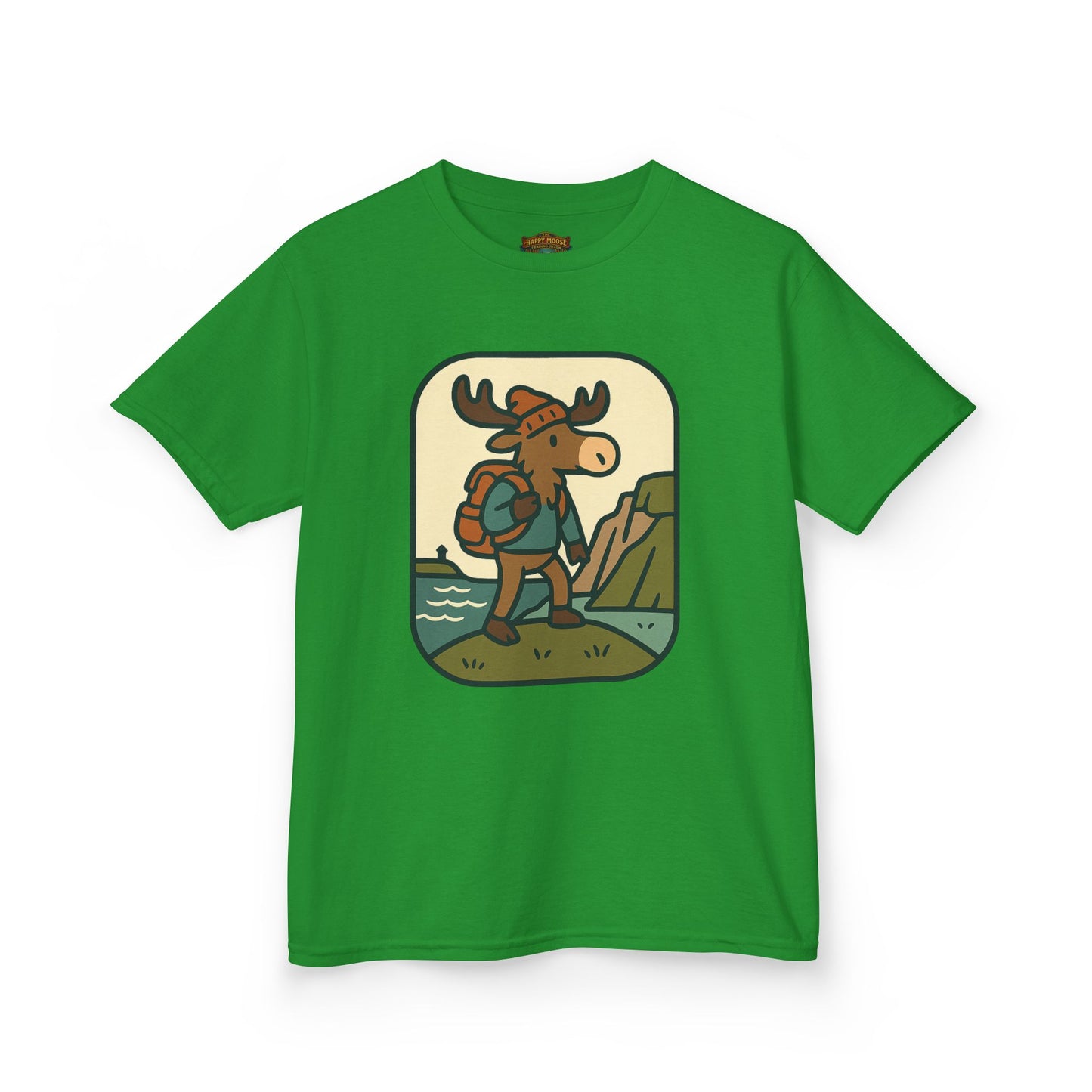 Kids Hiking Moose T‑Shirt — Cute Adventure Backpacker Tee for Boys & Girls