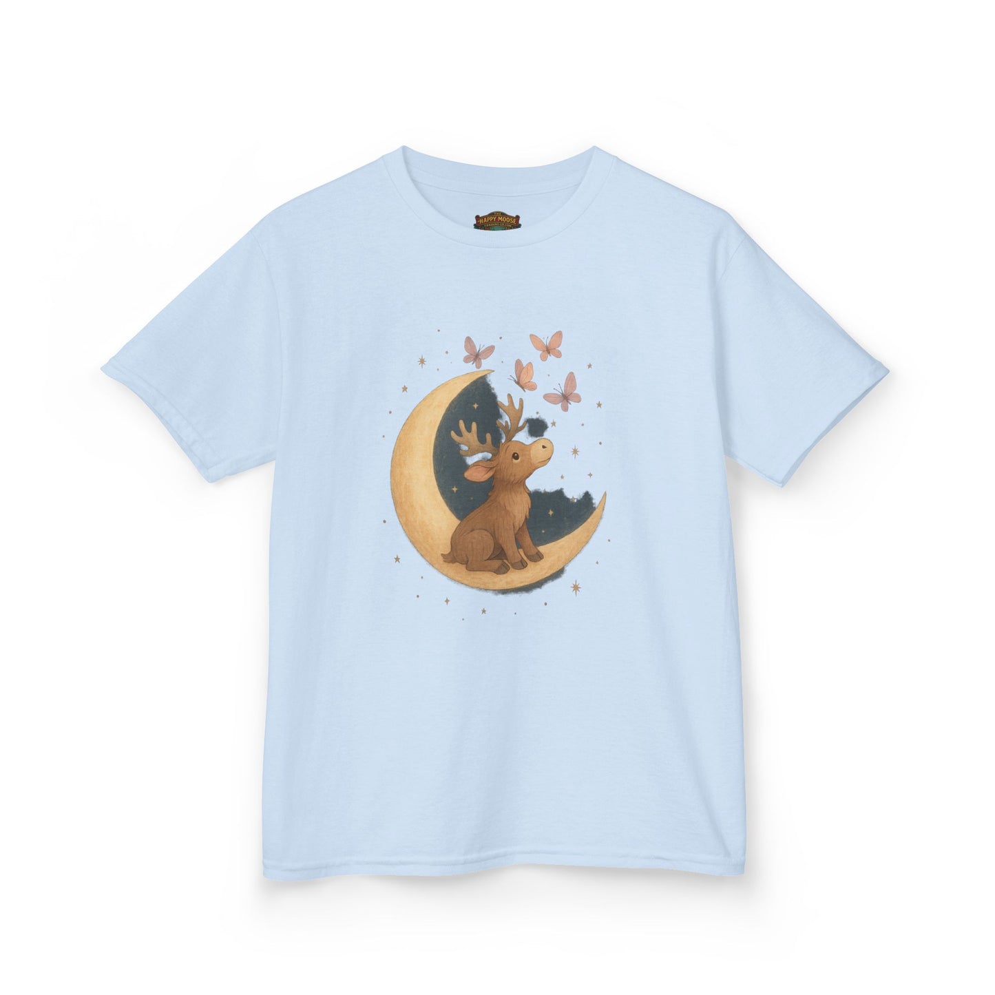 Kids Tee — Cute Puppy on Moon with Butterflies Graphic