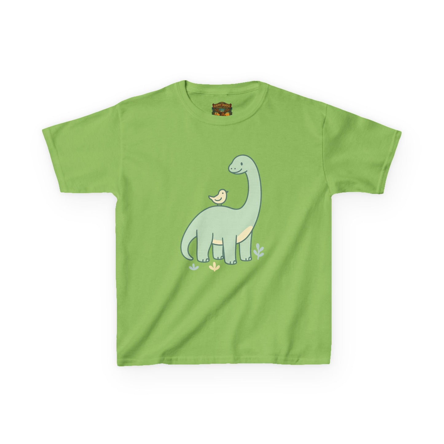 Kids Dino & Bird Tee — Cute Green Brontosaurus Graphic T‑Shirt