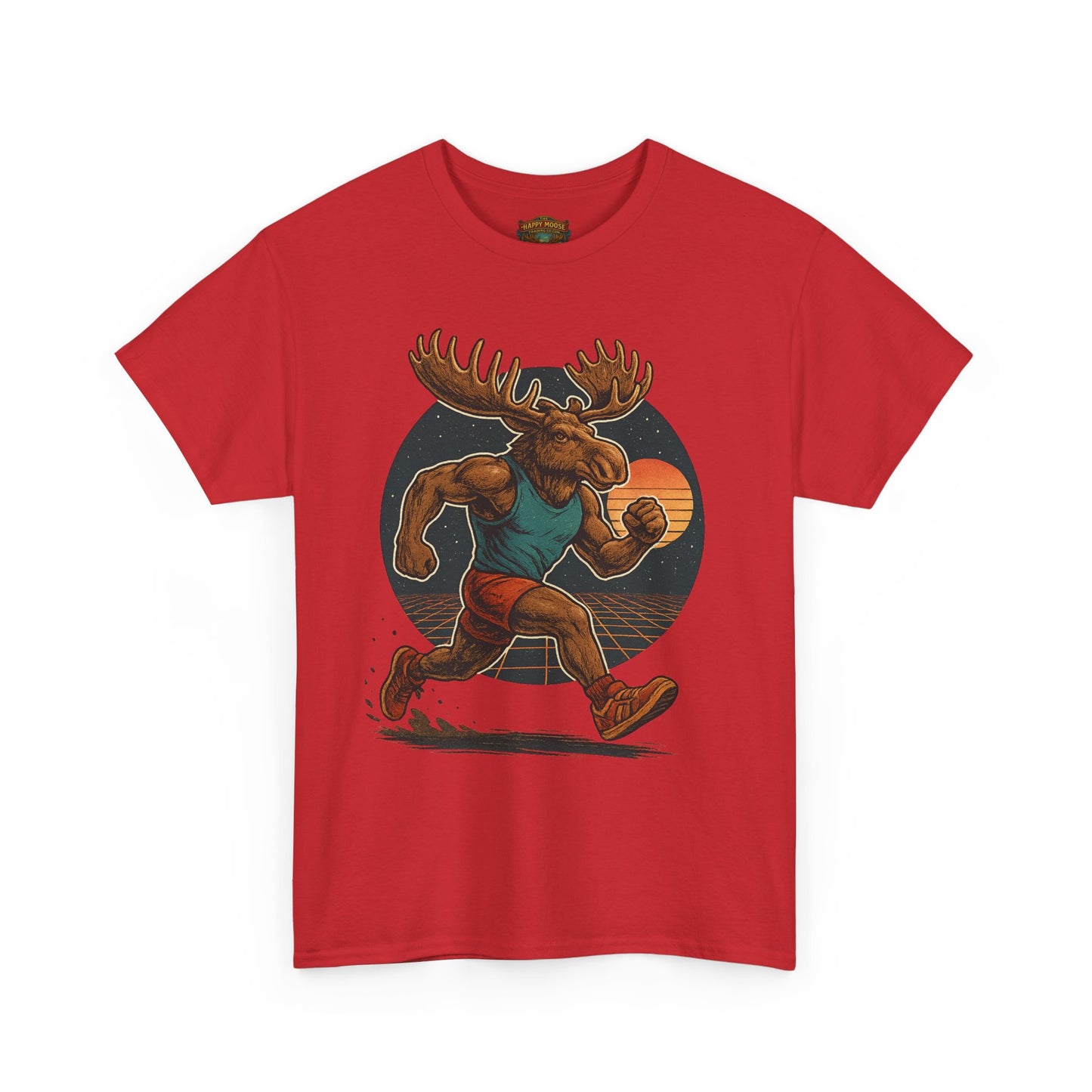 Running Moose Graphic Tee - Retro Sunset Jogging Animal Fitness Shirt