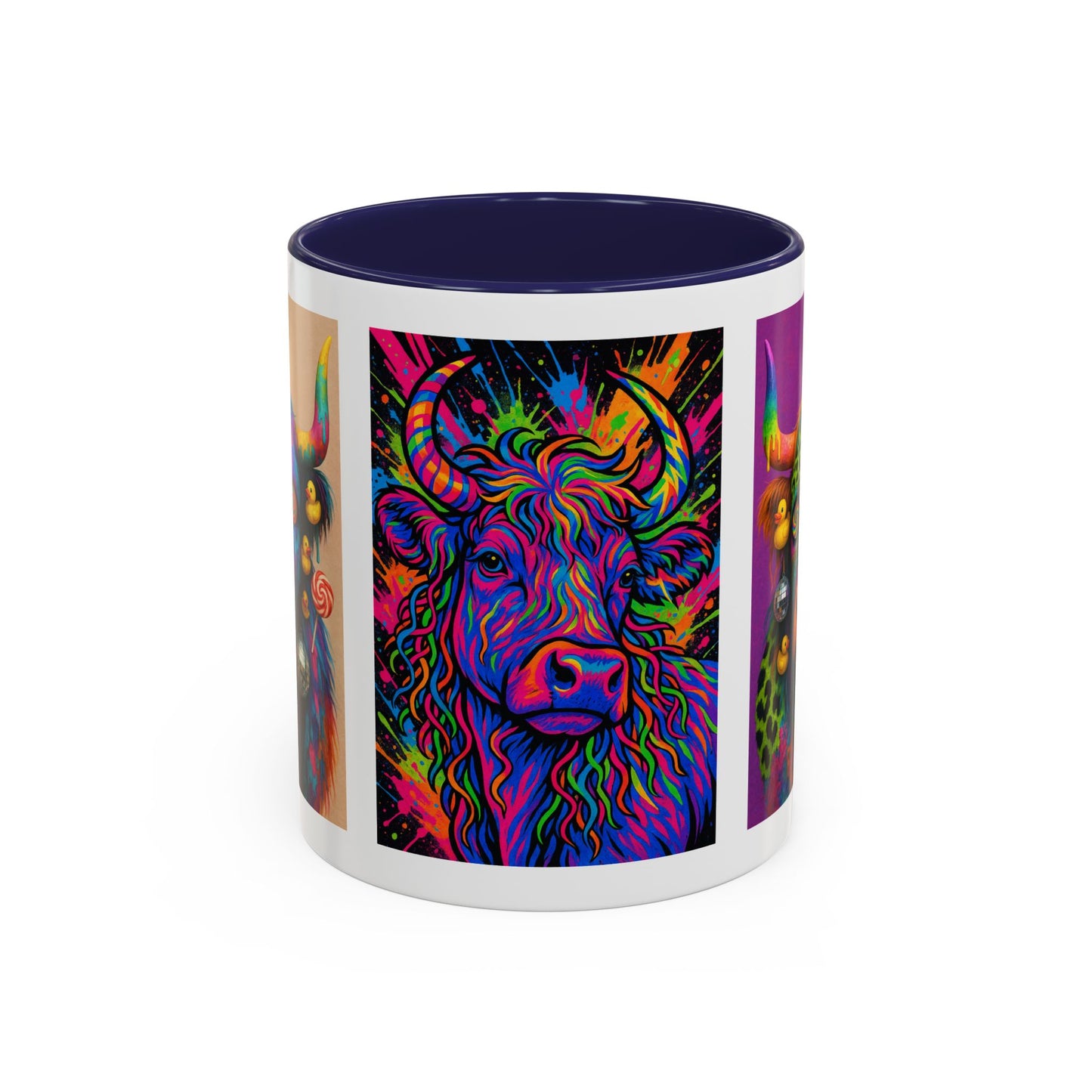 Psychedelic Highland Cow Accent Coffee Mug — Colorful Neon Farm Animal Art (11/15 oz)