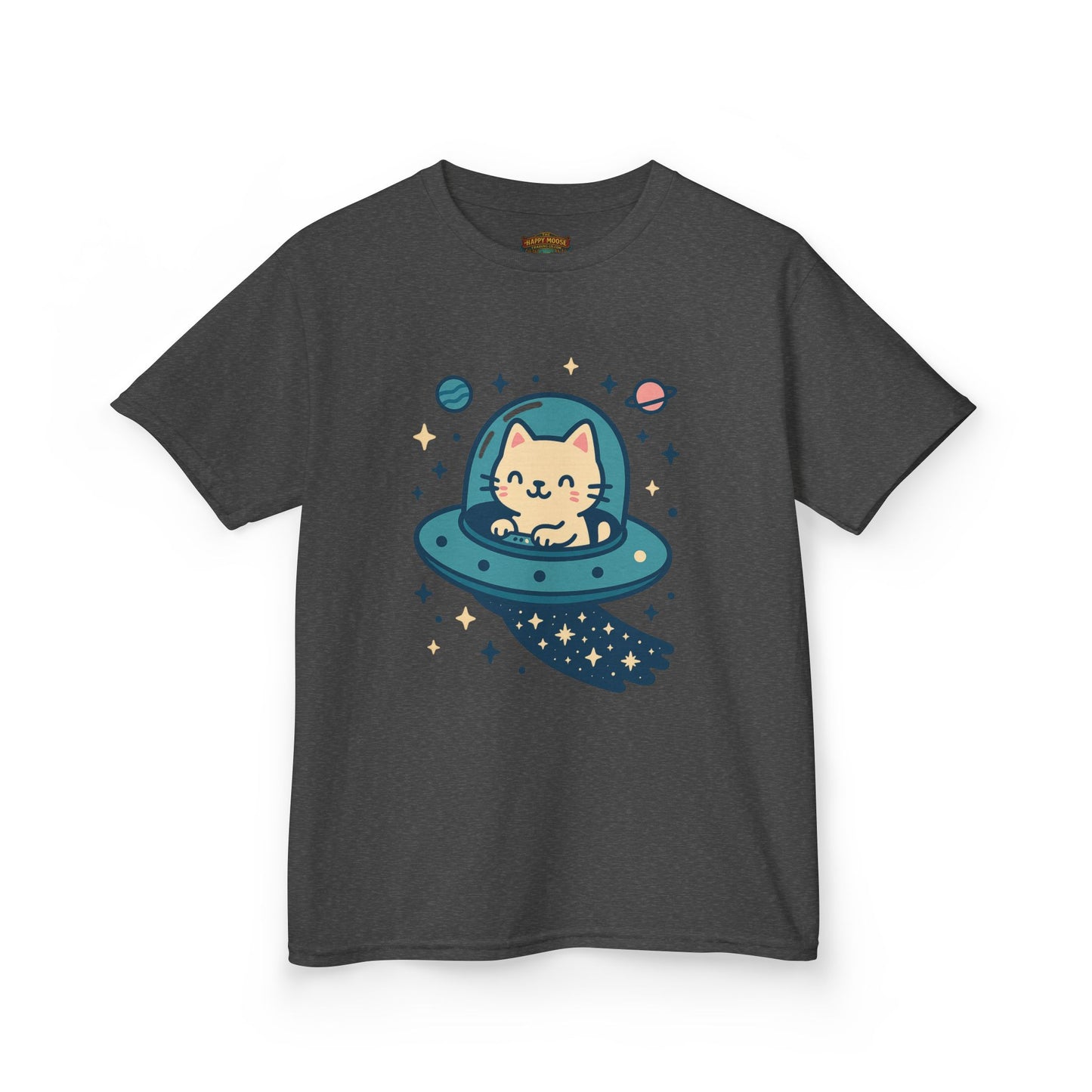Kids Tee — Cute Cat in UFO Spacecraft Graphic