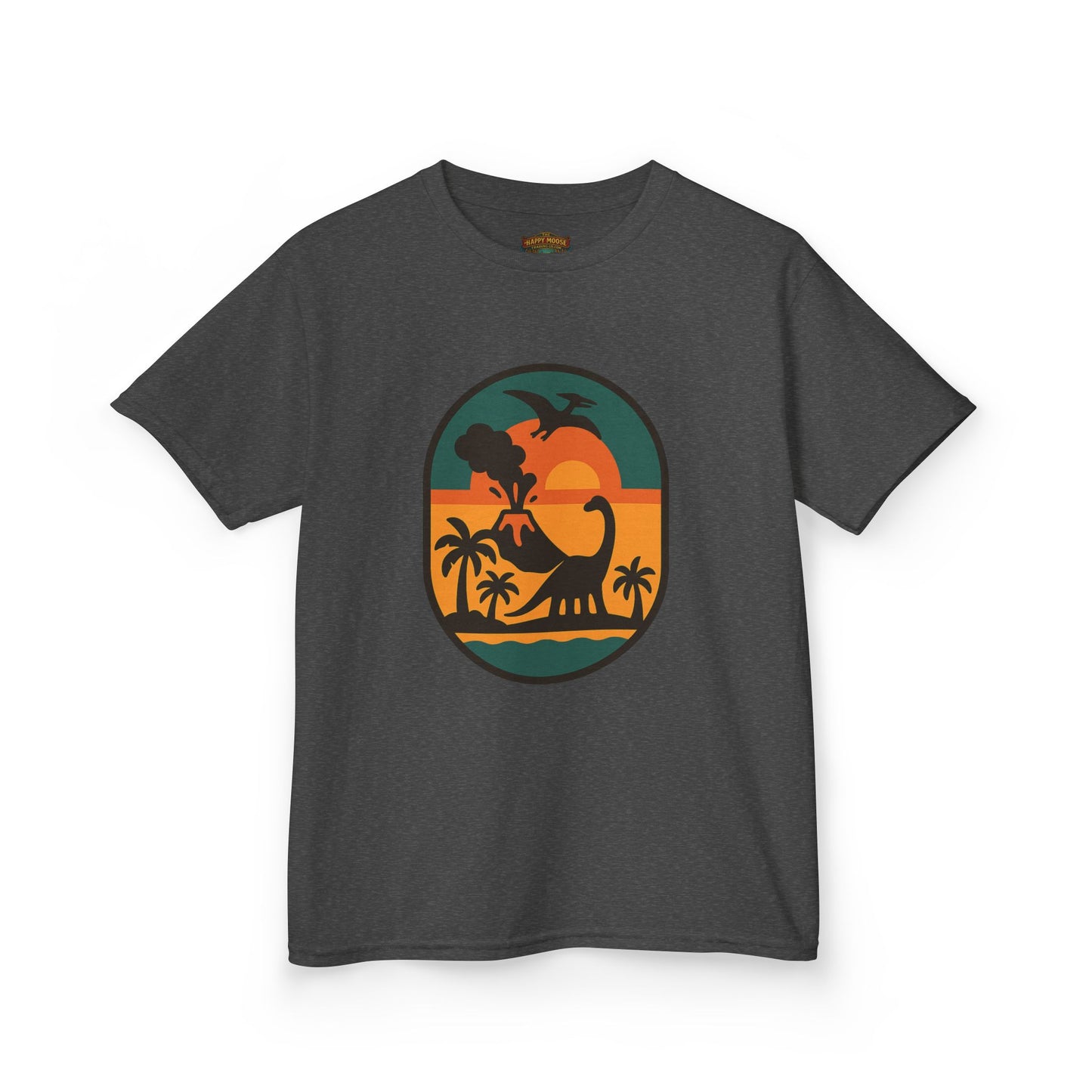 Kids T‑Shirt — Retro Tropical Dinosaur Sunset
