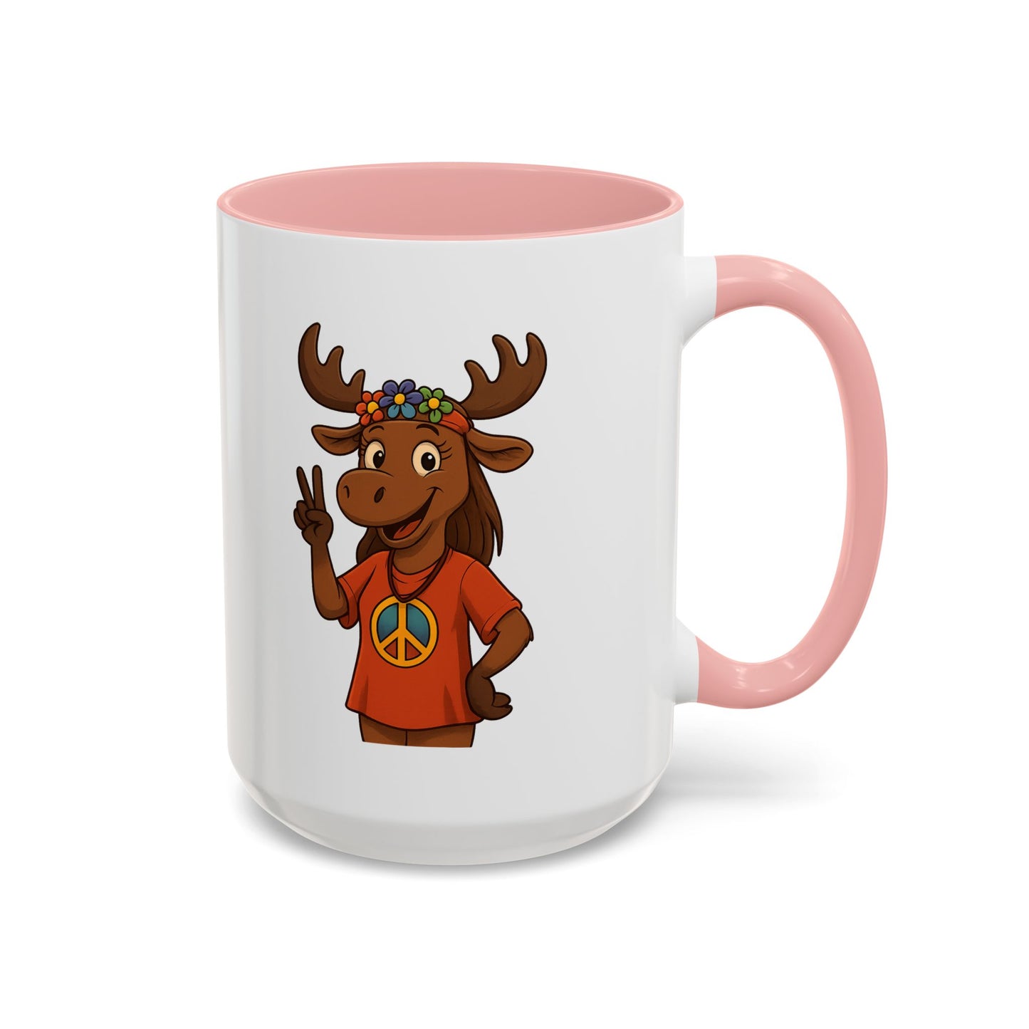 Peace Sign Moose Accent Coffee Mug — Hippie Moose with Flower Crown (11/15oz)