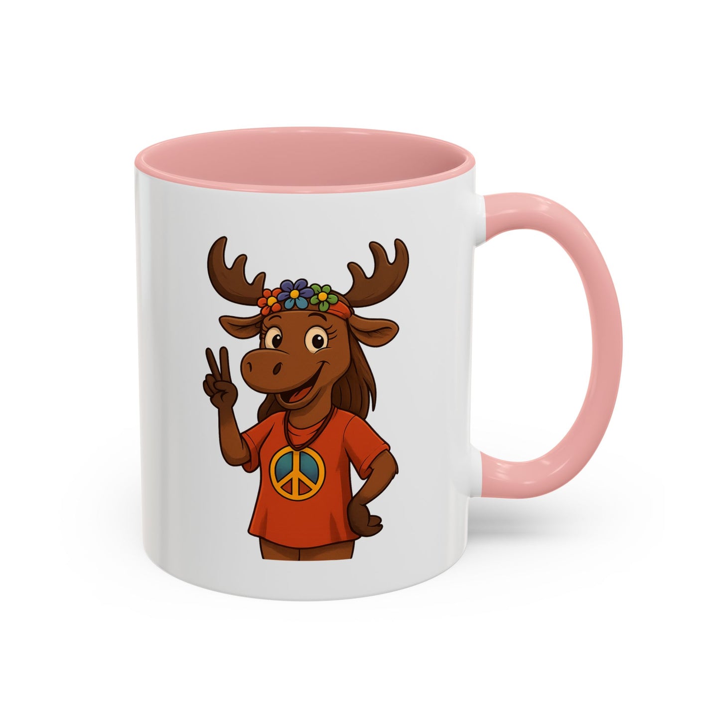 Peace Sign Moose Accent Coffee Mug — Hippie Moose with Flower Crown (11/15oz)