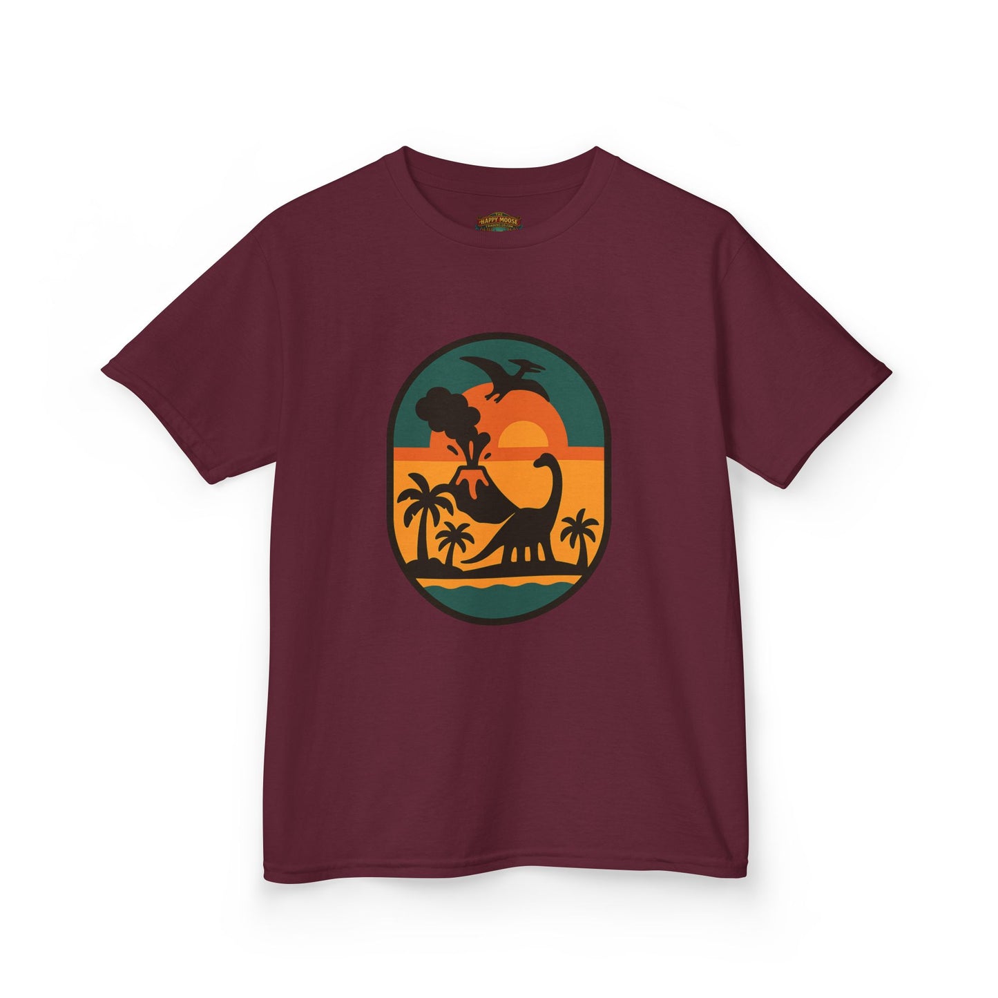 Kids T‑Shirt — Retro Tropical Dinosaur Sunset
