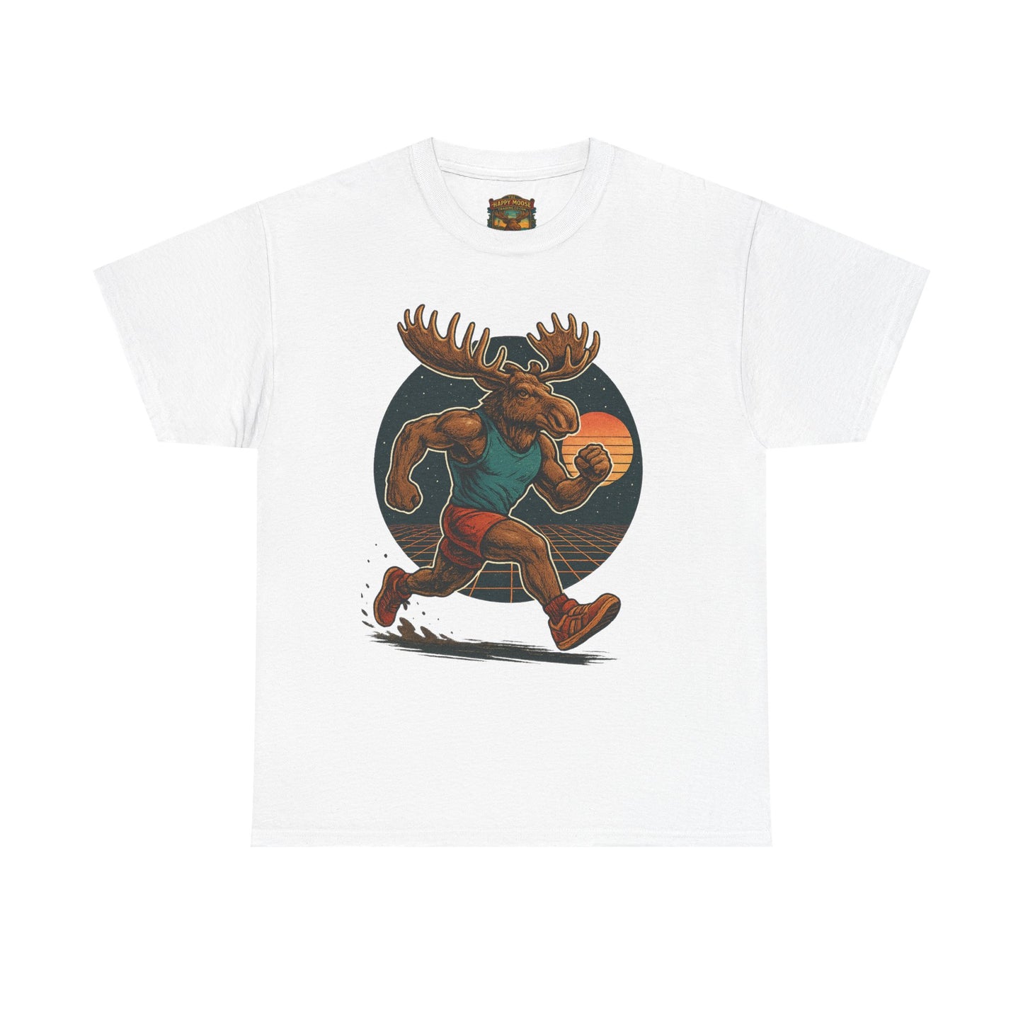 Running Moose Graphic Tee - Retro Sunset Jogging Animal Fitness Shirt