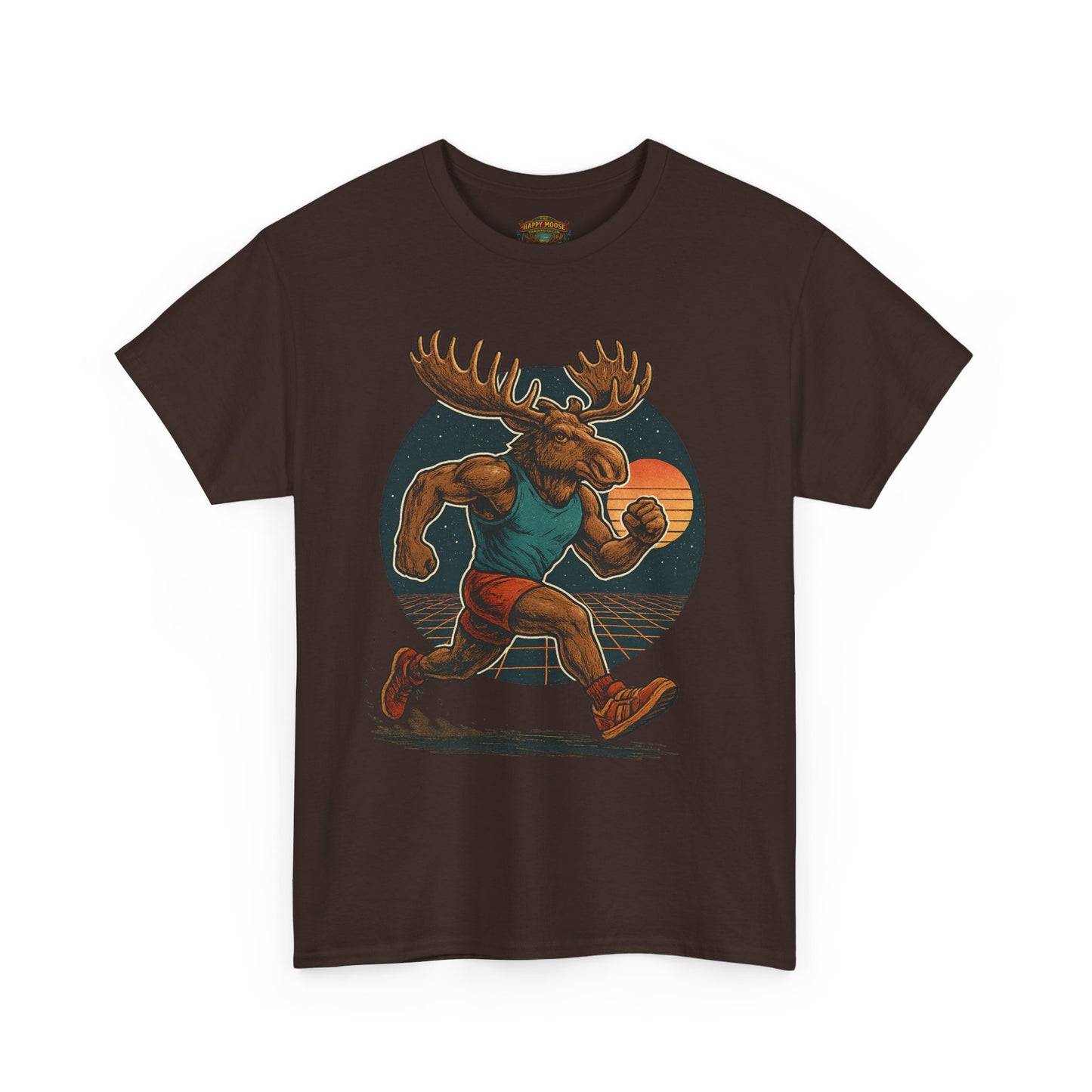 Running Moose Graphic Tee - Retro Sunset Jogging Animal Fitness Shirt