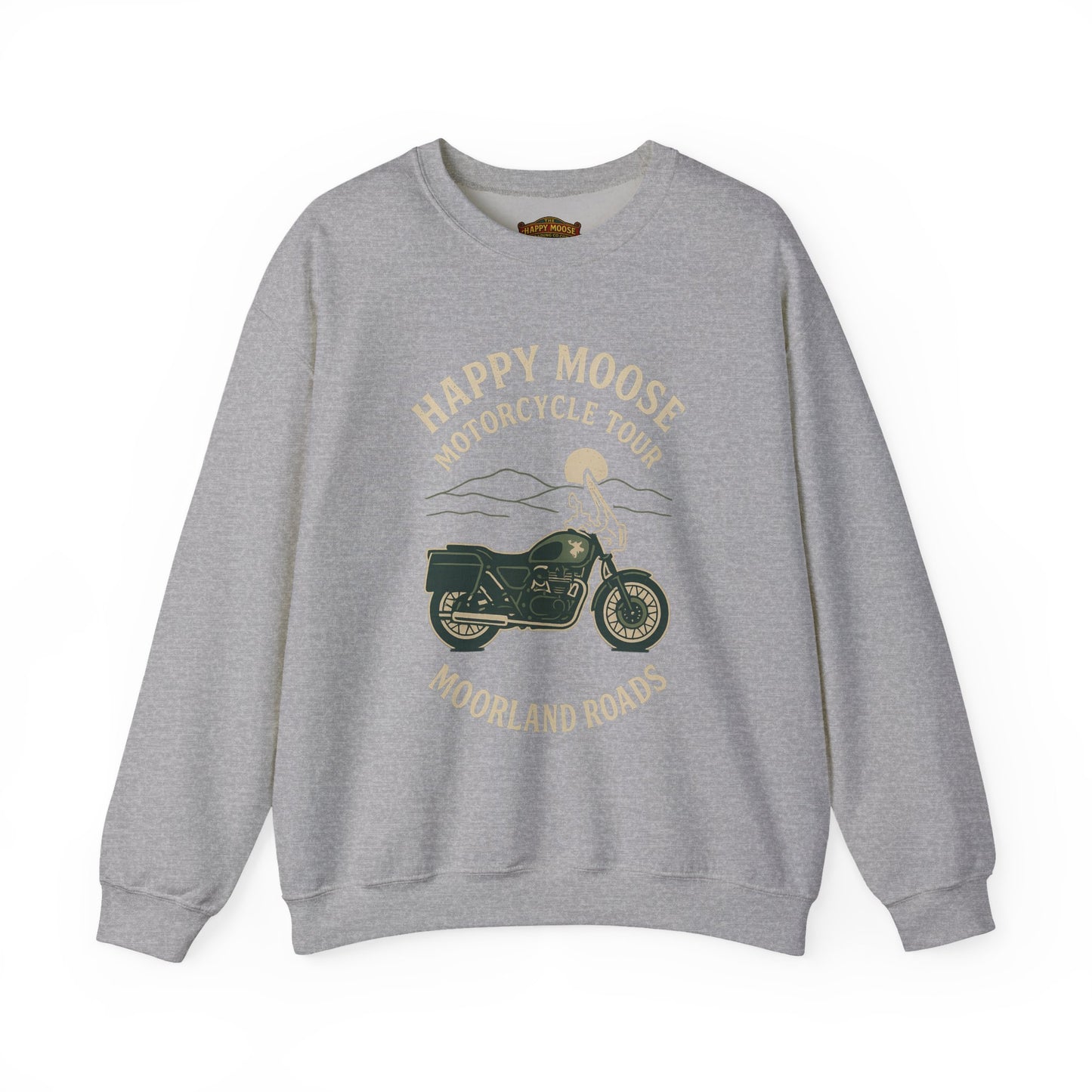 Motorcycle Crewneck Sweatshirt — "Happy Moose Motorcycle Tour" Vintage Bike Graphic
