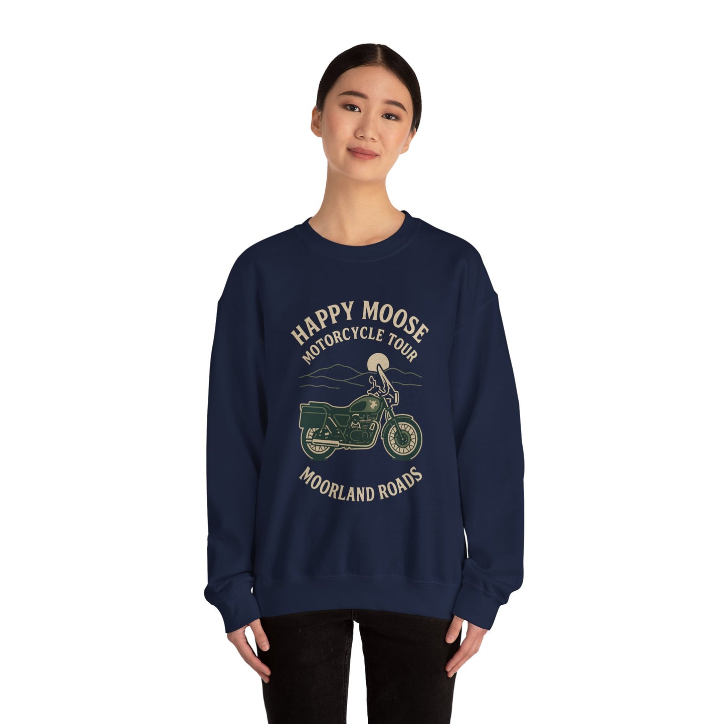 Motorcycle Crewneck Sweatshirt — "Happy Moose Motorcycle Tour" Vintage Bike Graphic