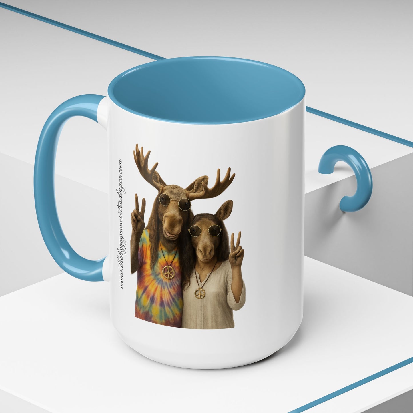 Peaceful Moose Couple Accent Coffee Mug — Hippie Tie-Dye Moose Peace Sign 11/15oz
