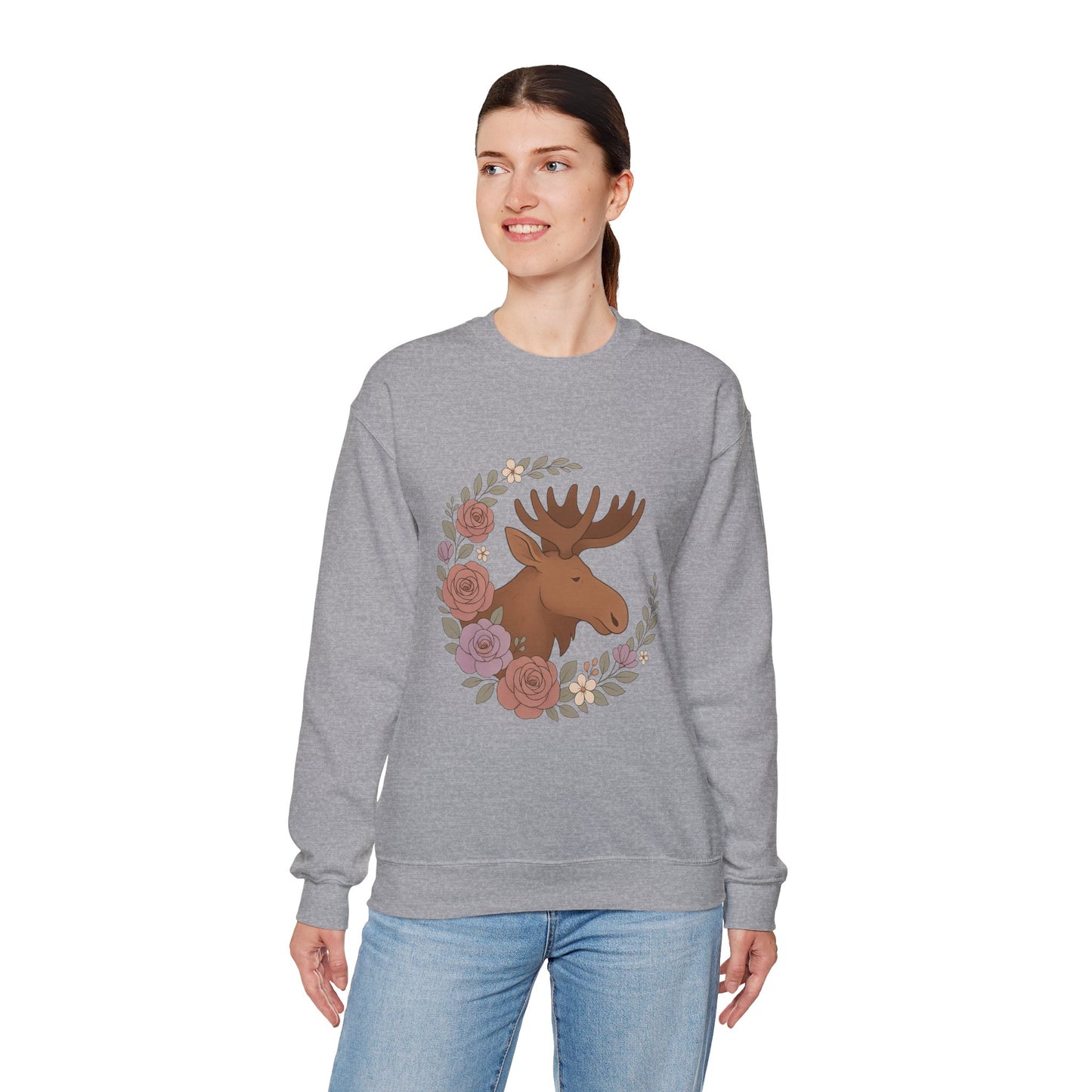 Moose Floral Crewneck Sweatshirt — Rustic Woodland Animal Sweatshirt